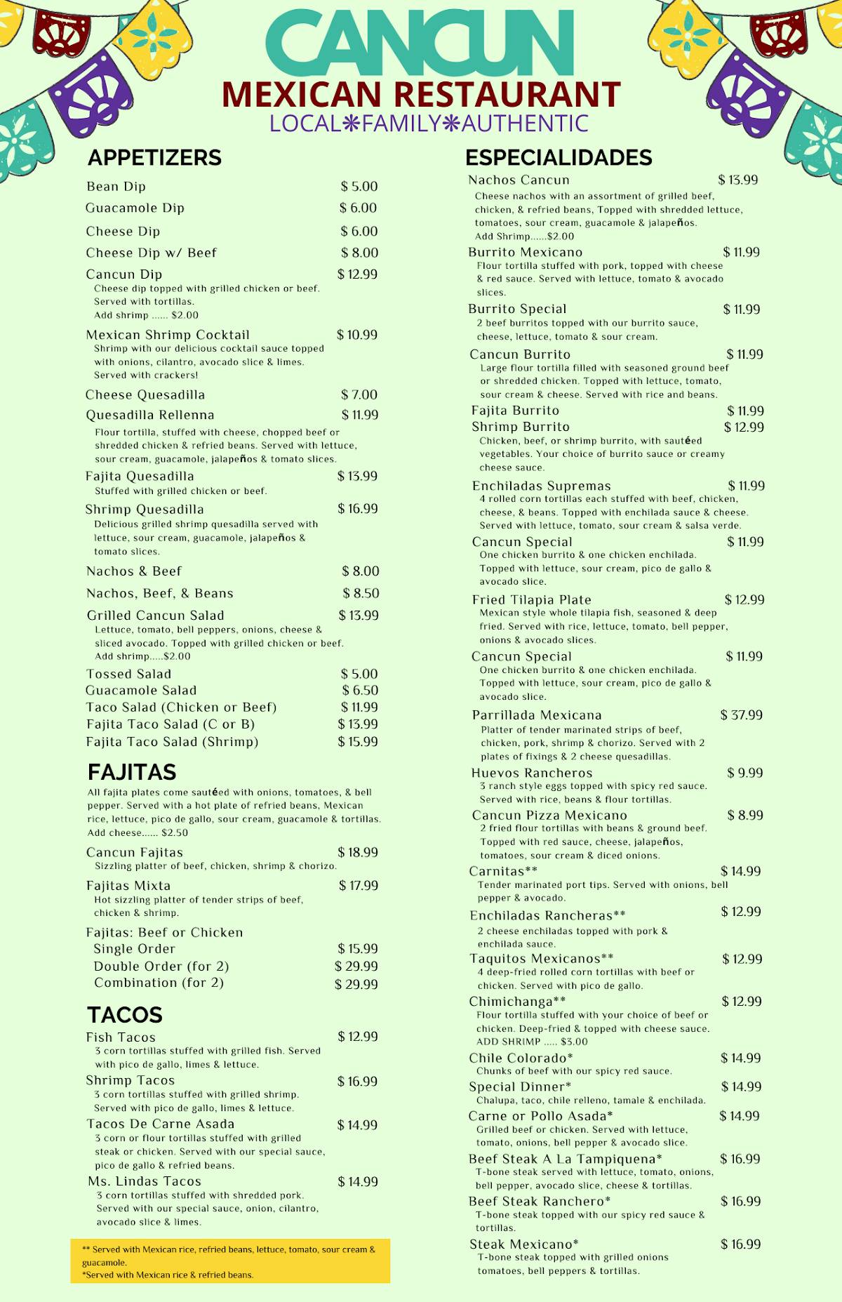 Menu at Cancun Mexican Restaurant, Lake Charles