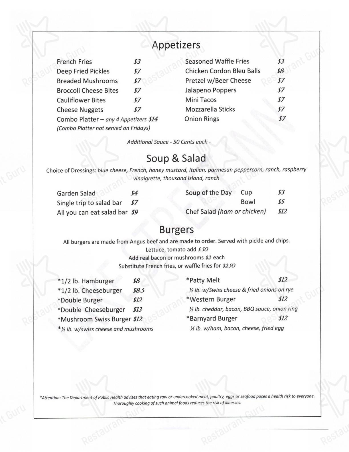 Menu at Lake Street Inn pub & bar, Hustisford