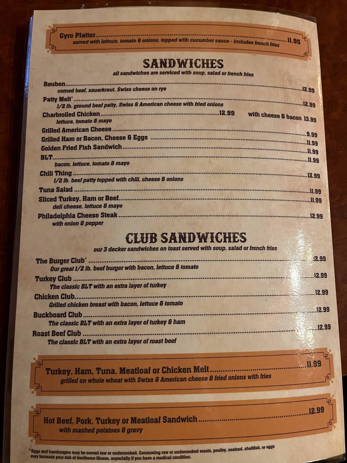 Menu at Buckboard restaurant, Lakeville