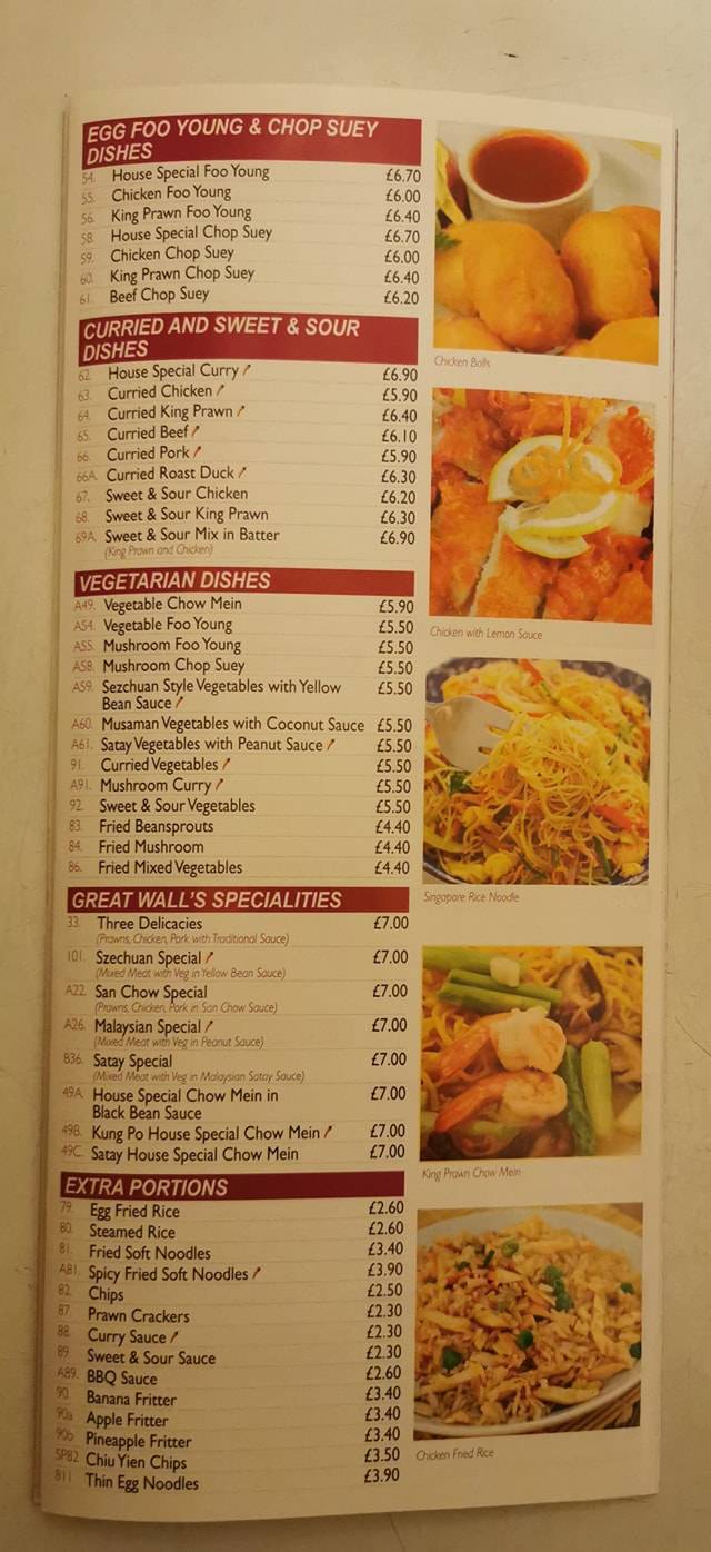 Menu at The Great Wall restaurant, Lerwick