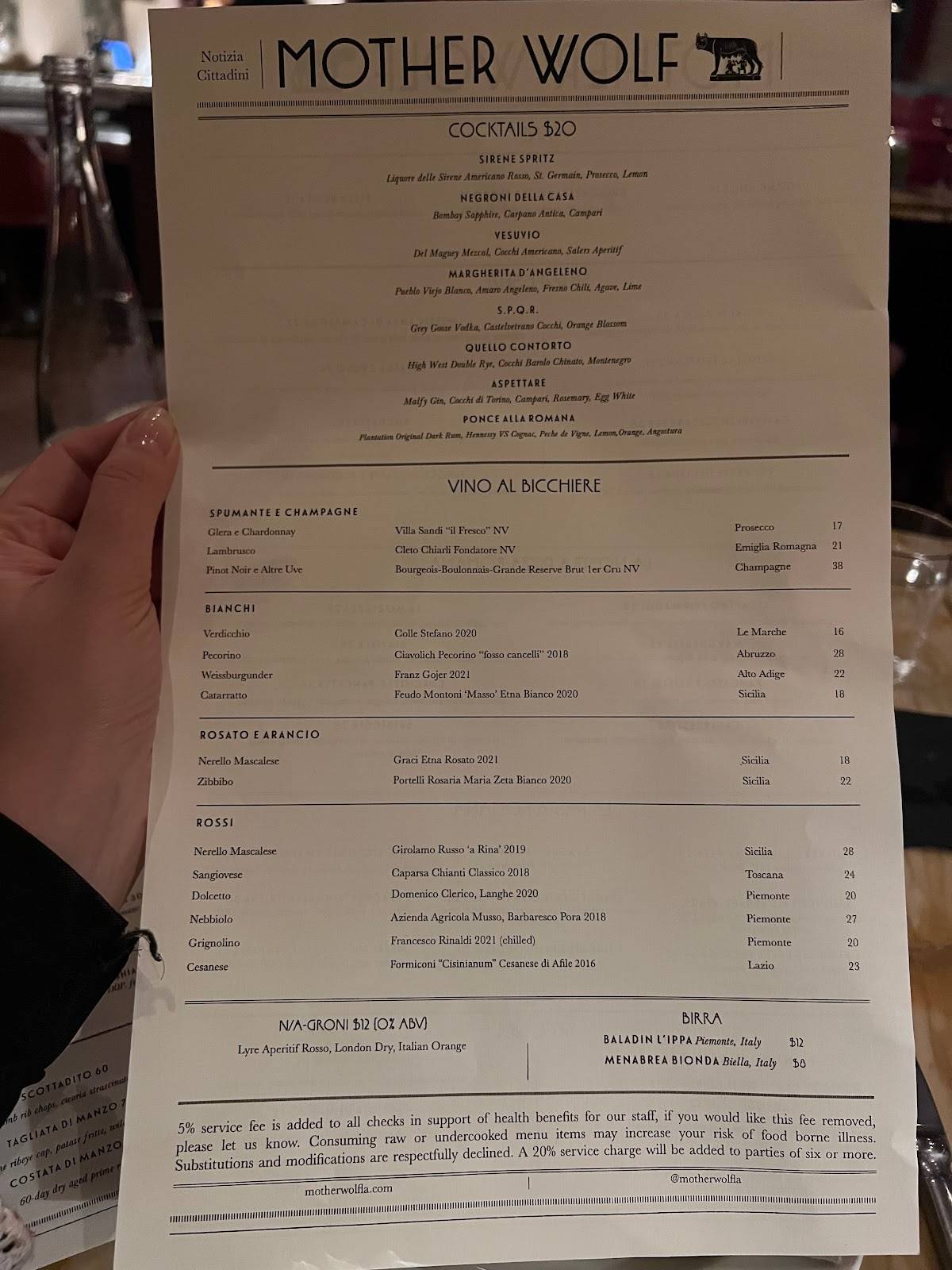 Menu at Mother Wolf restaurant, Los Angeles