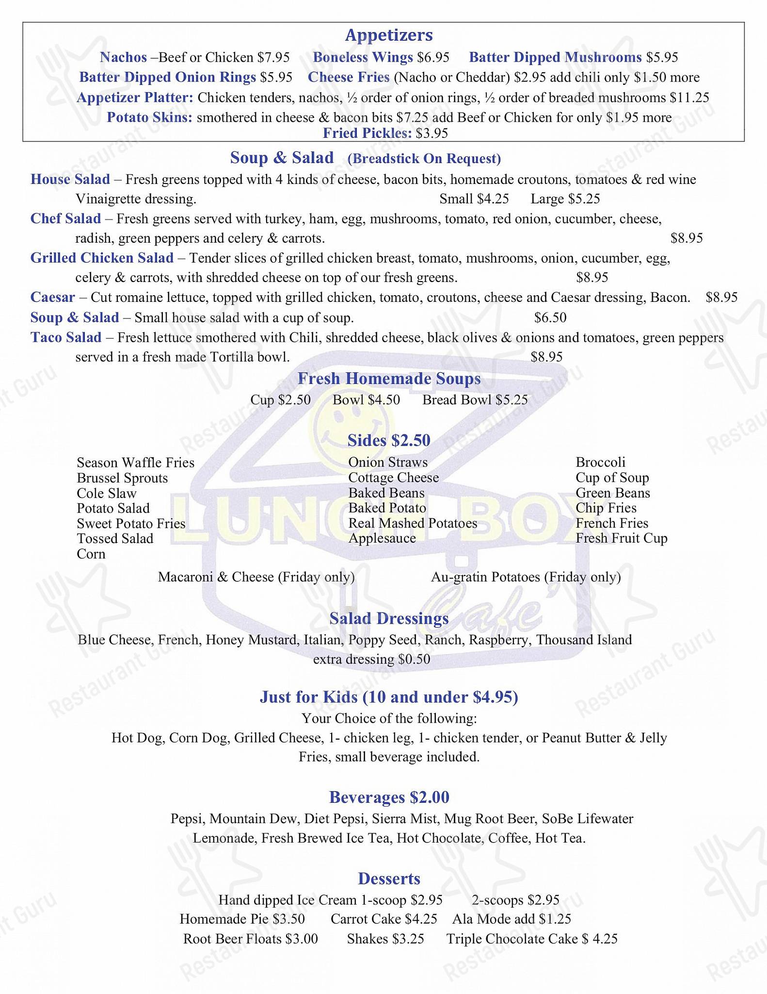 Menu at Lunch Box Cafe, Fort Wayne, Coldwater Rd
