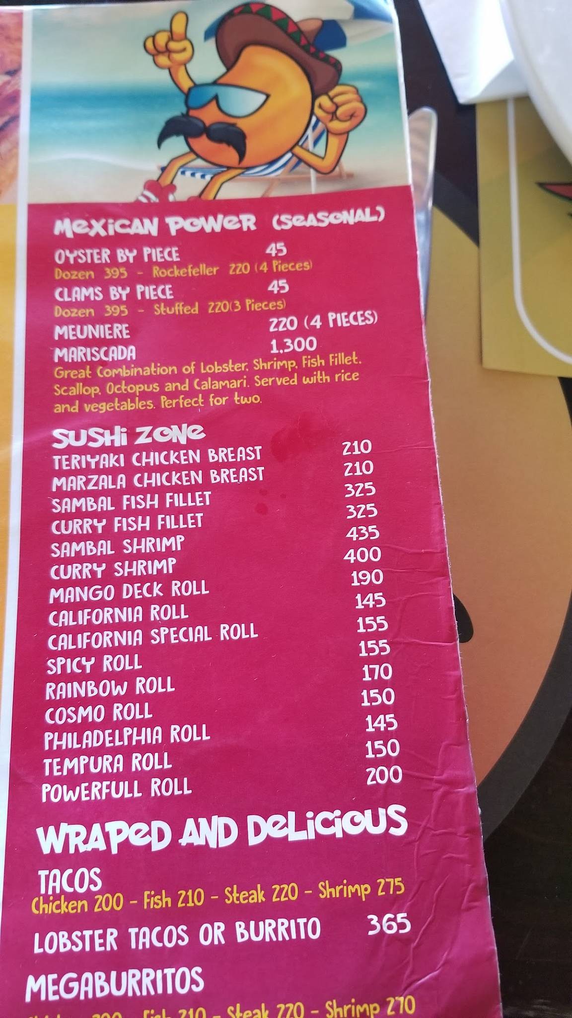 Menu at Mango Deck pub & bar, Cabo San Lucas, Playa El Medano S/N