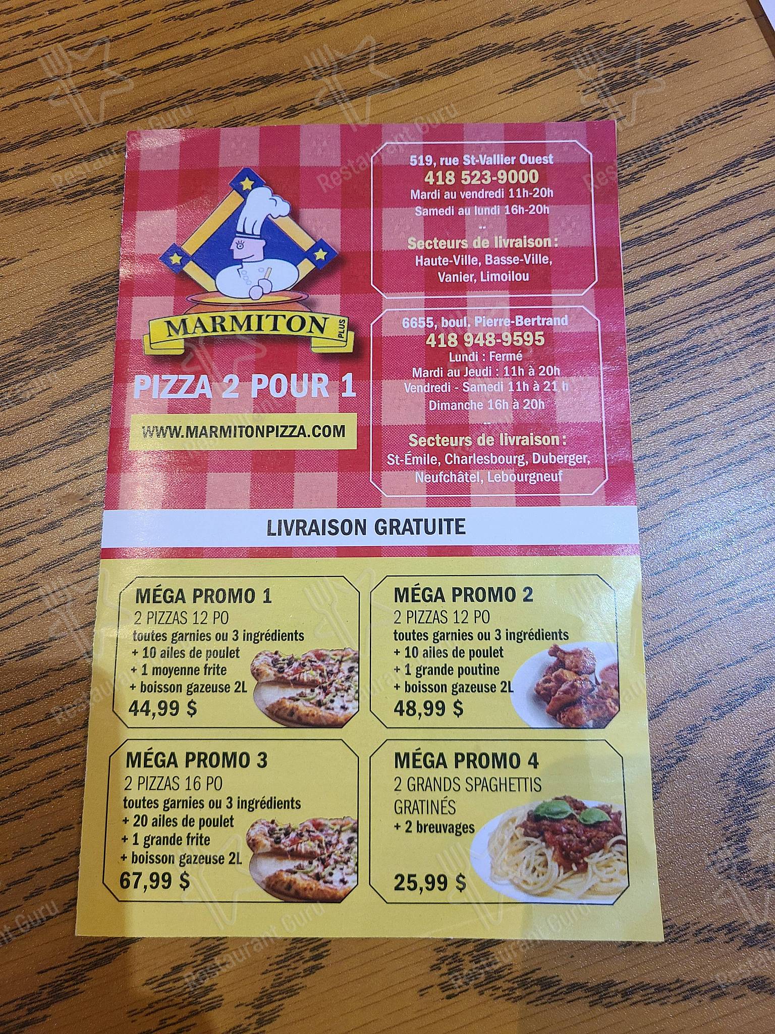 Menu au Marmiton Pizza 2 pour 1 pizzeria Québec 519 Rue Saint Vallier O