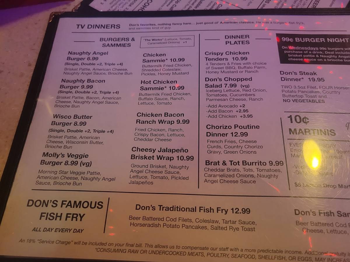 Menu at Don's TV & Repair Speakeasy restaurant, Milwaukee