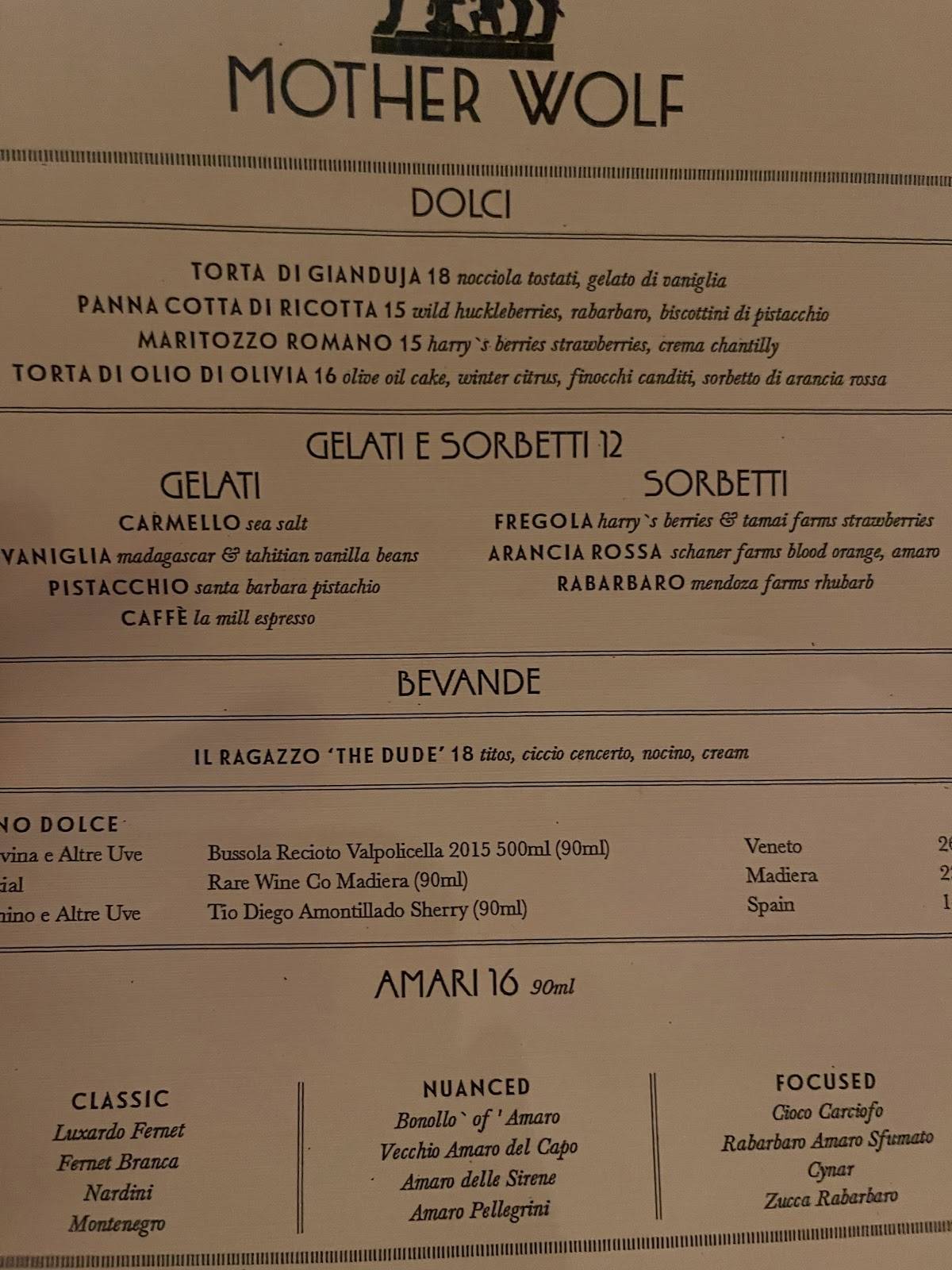 Menu at Mother Wolf restaurant, Los Angeles