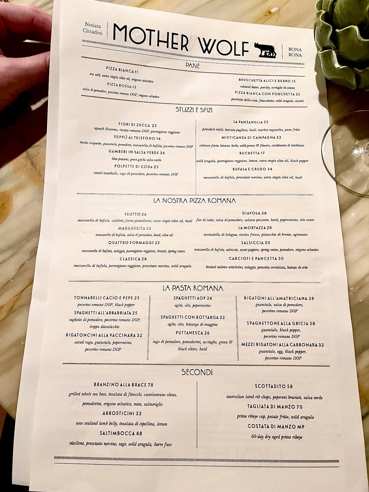 Menu at Mother Wolf restaurant, Los Angeles