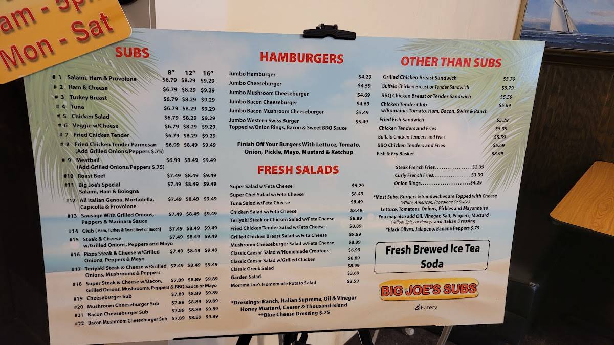 Menu at Big Joe's Subs restaurant, New Smyrna Beach