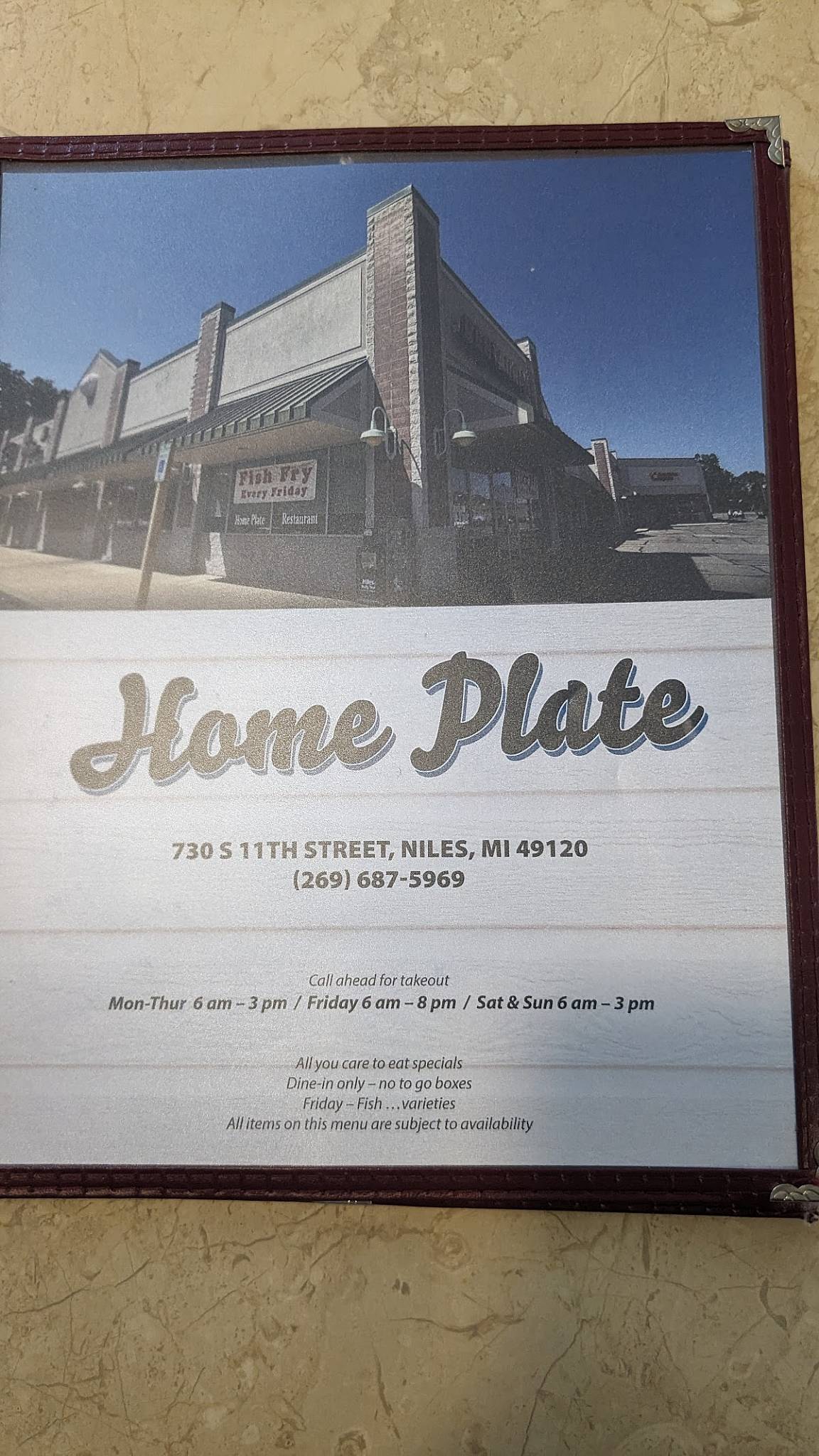 Menu at Home Plate Restaurant, Niles
