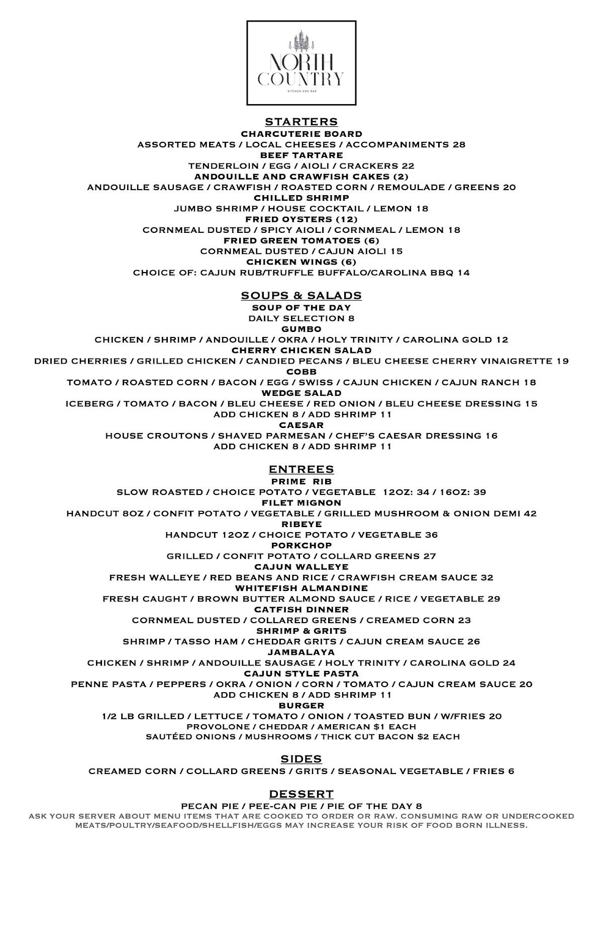 Menu at North Country Kitchen and Bar, Suttons Bay