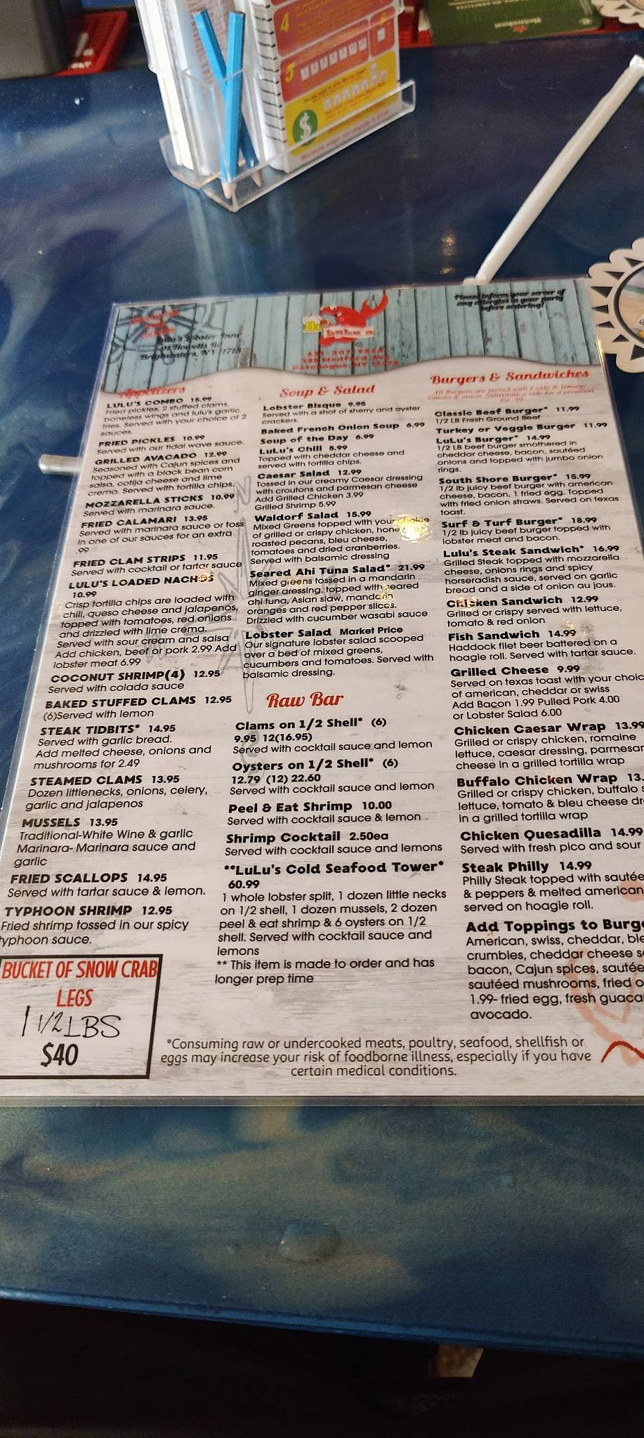 Menu at Lulu’s Lobster & Wing Shack restaurant, Patchogue