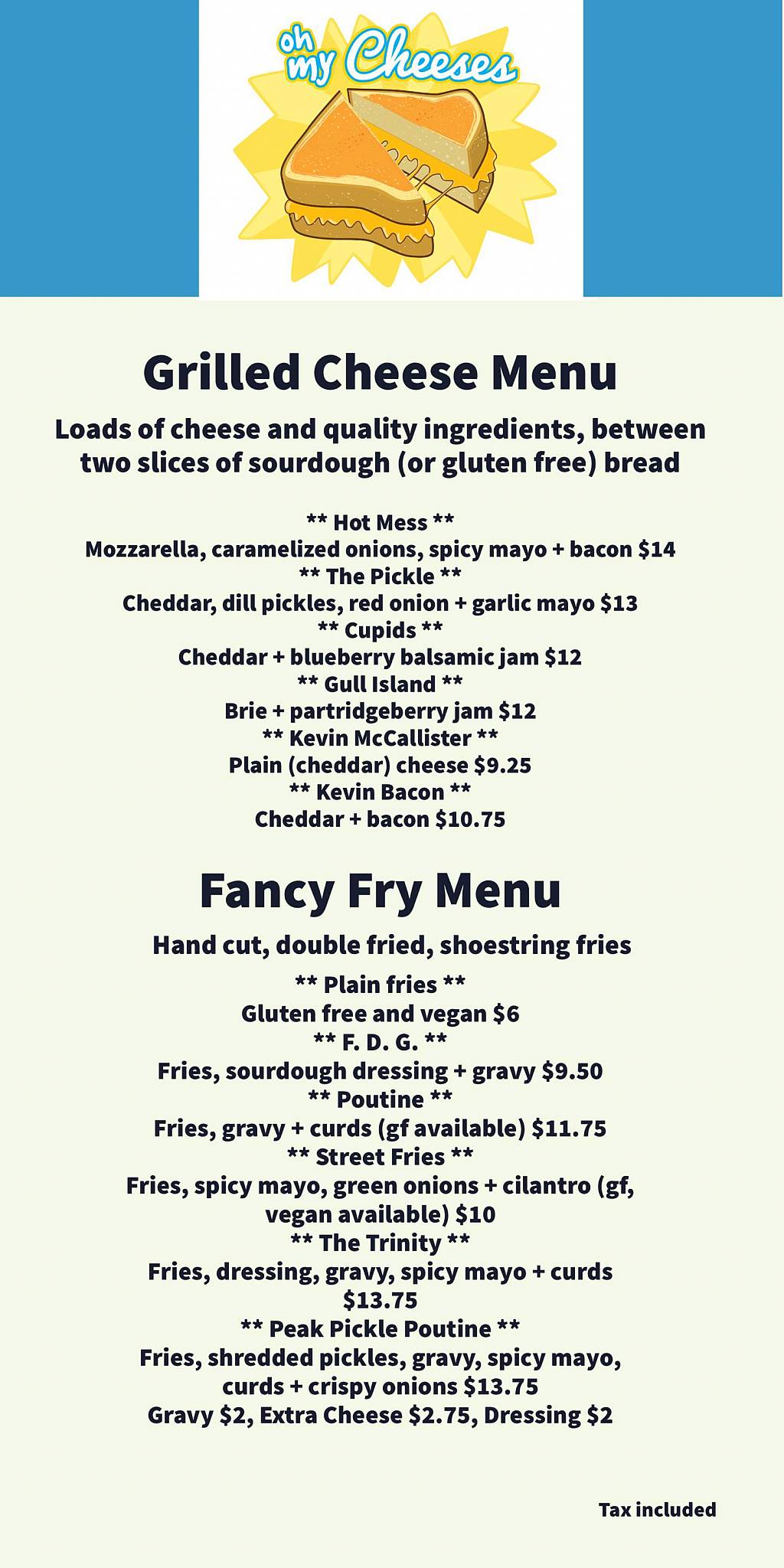 Menu at Oh My Cheeses restaurant, Port Rexton