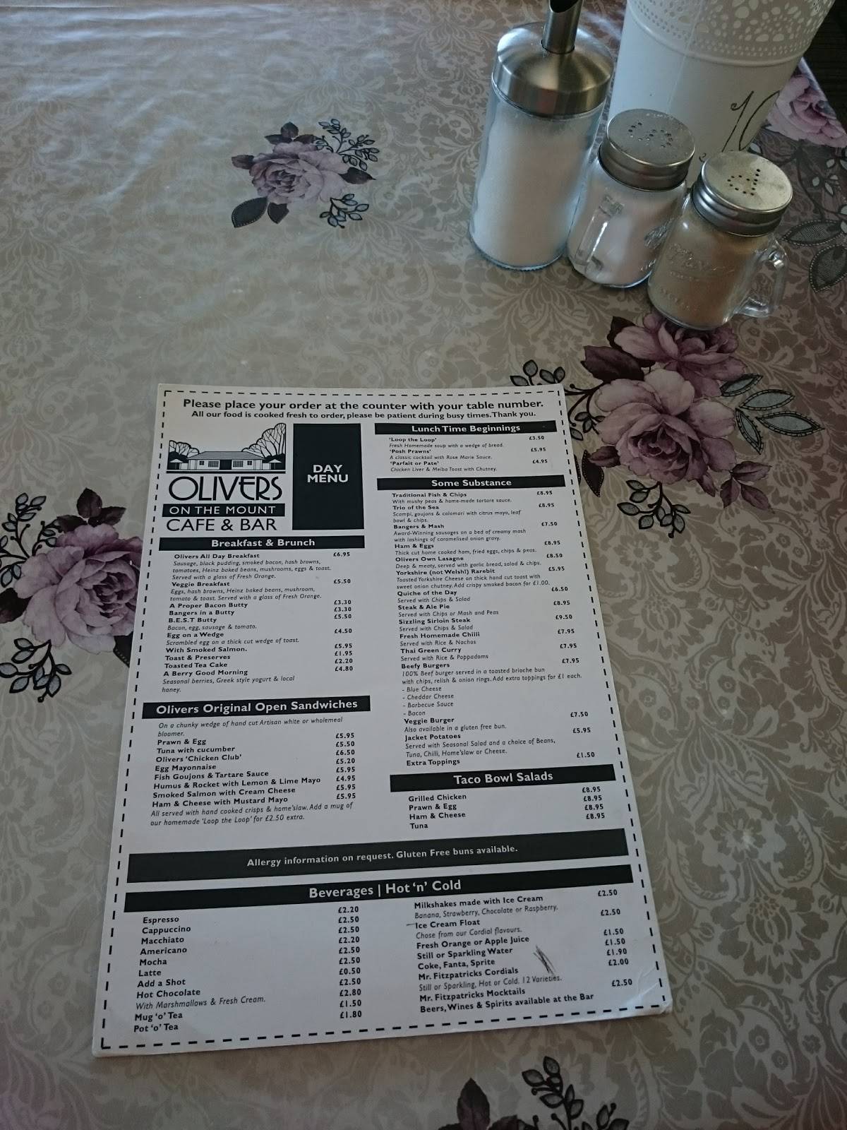 Menu at Olivers on the Mount restaurant, Scarborough, Olivers Mt
