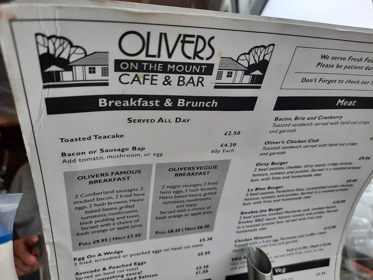 Menu at Olivers on the Mount restaurant, Scarborough, Olivers Mt