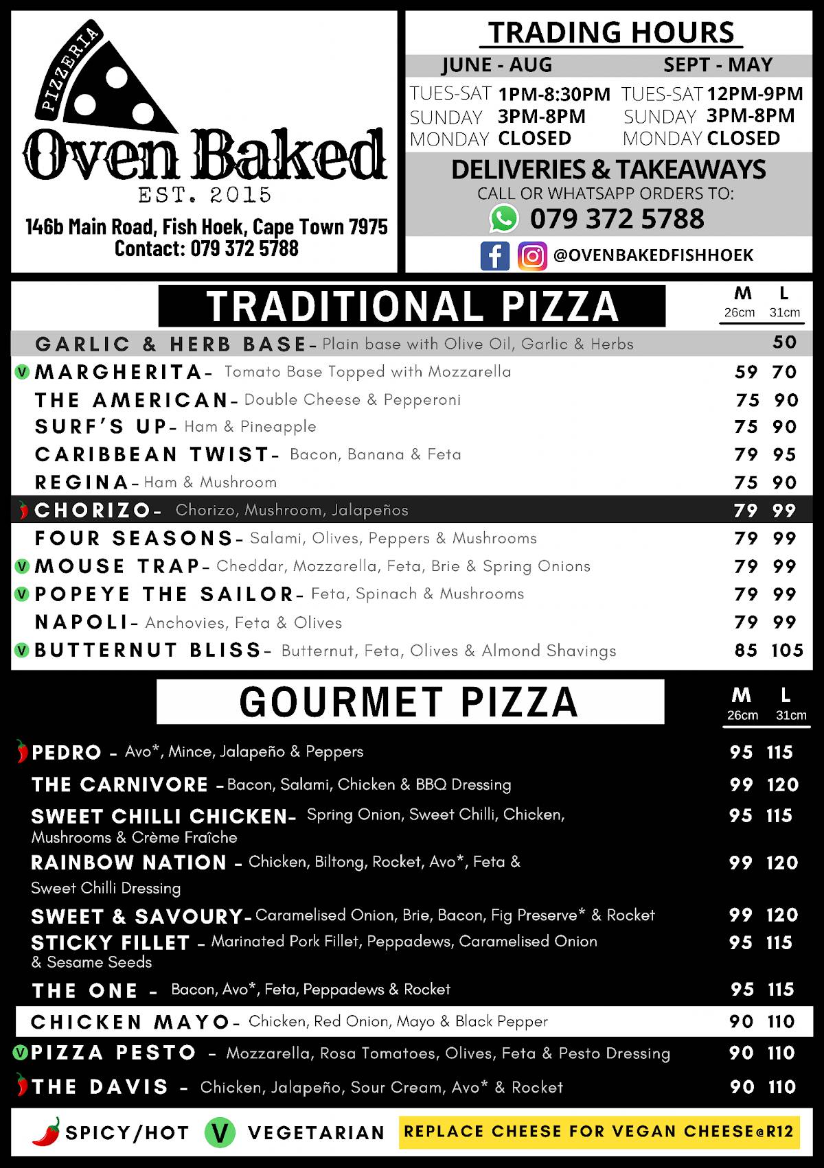 Menu at Oven Baked, Fish Hoek restaurant, Cape Town, 146b Main Rd