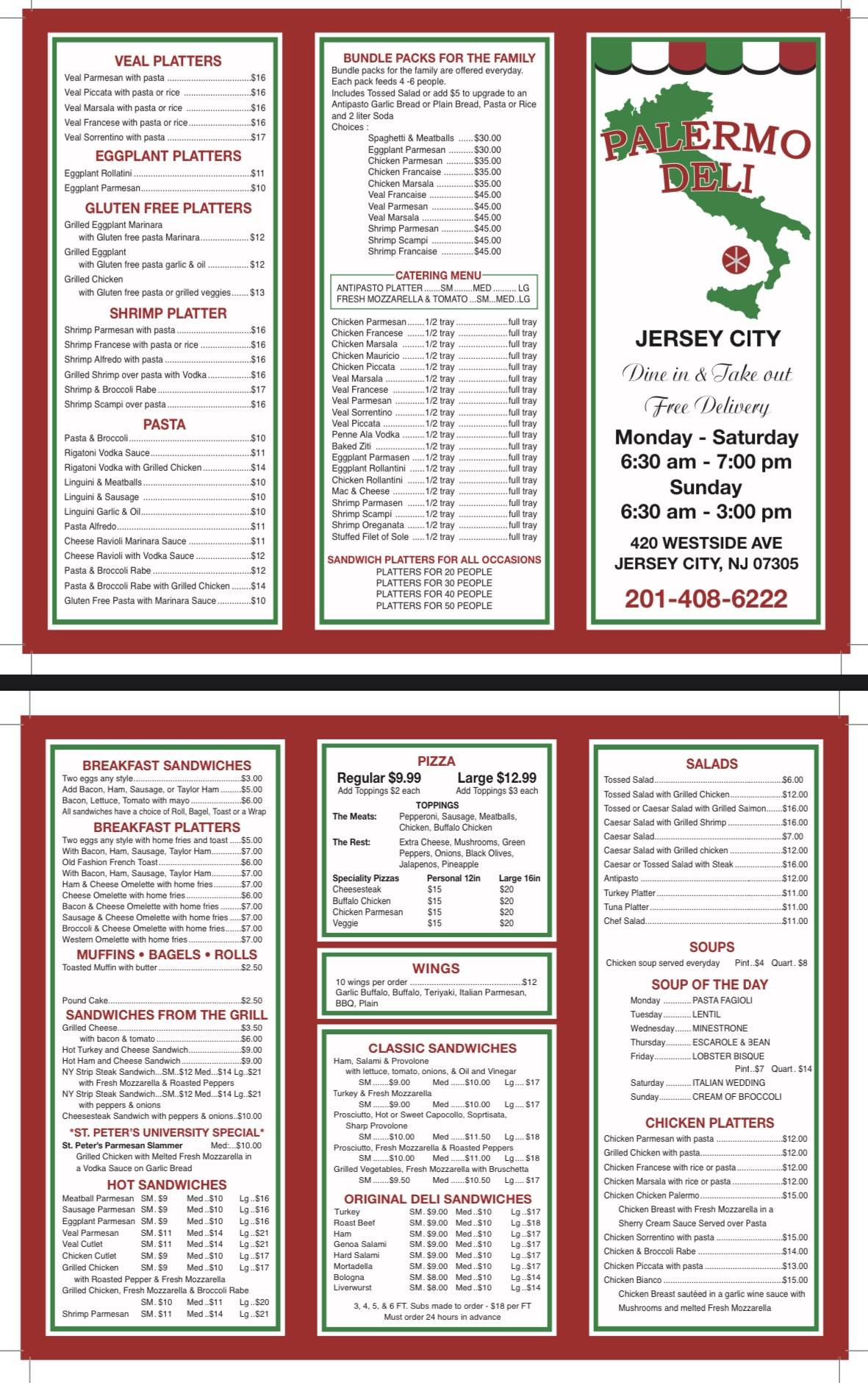 Menu at Palermo’s Italian Salumeria Deli pizzeria, Jersey City