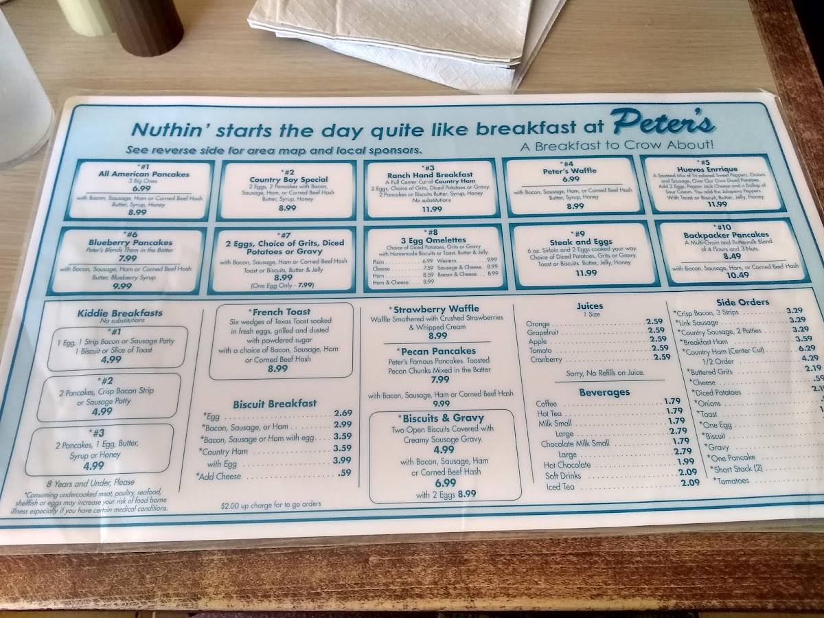 Menu at Peter's Pancakes & Waffles restaurant, Cherokee, Tsali Blvd