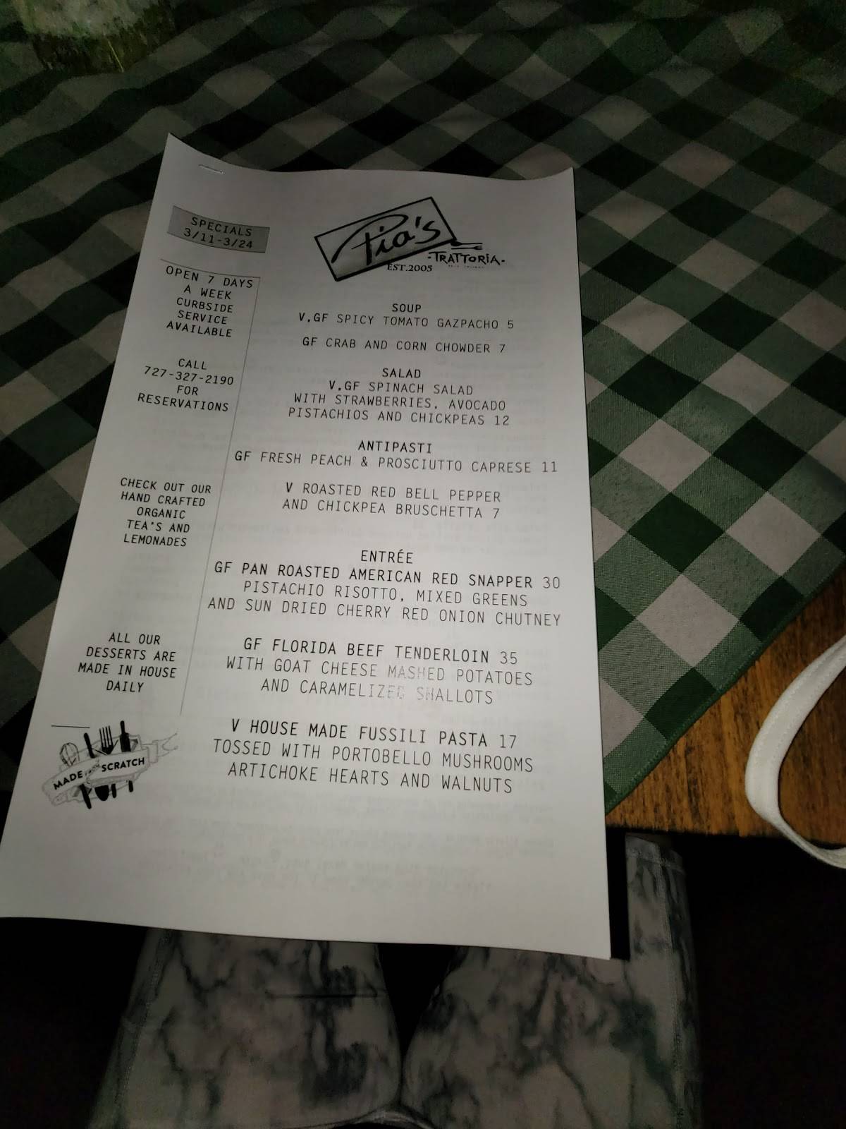 Menu at Pia's Trattoria restaurant, Gulfport