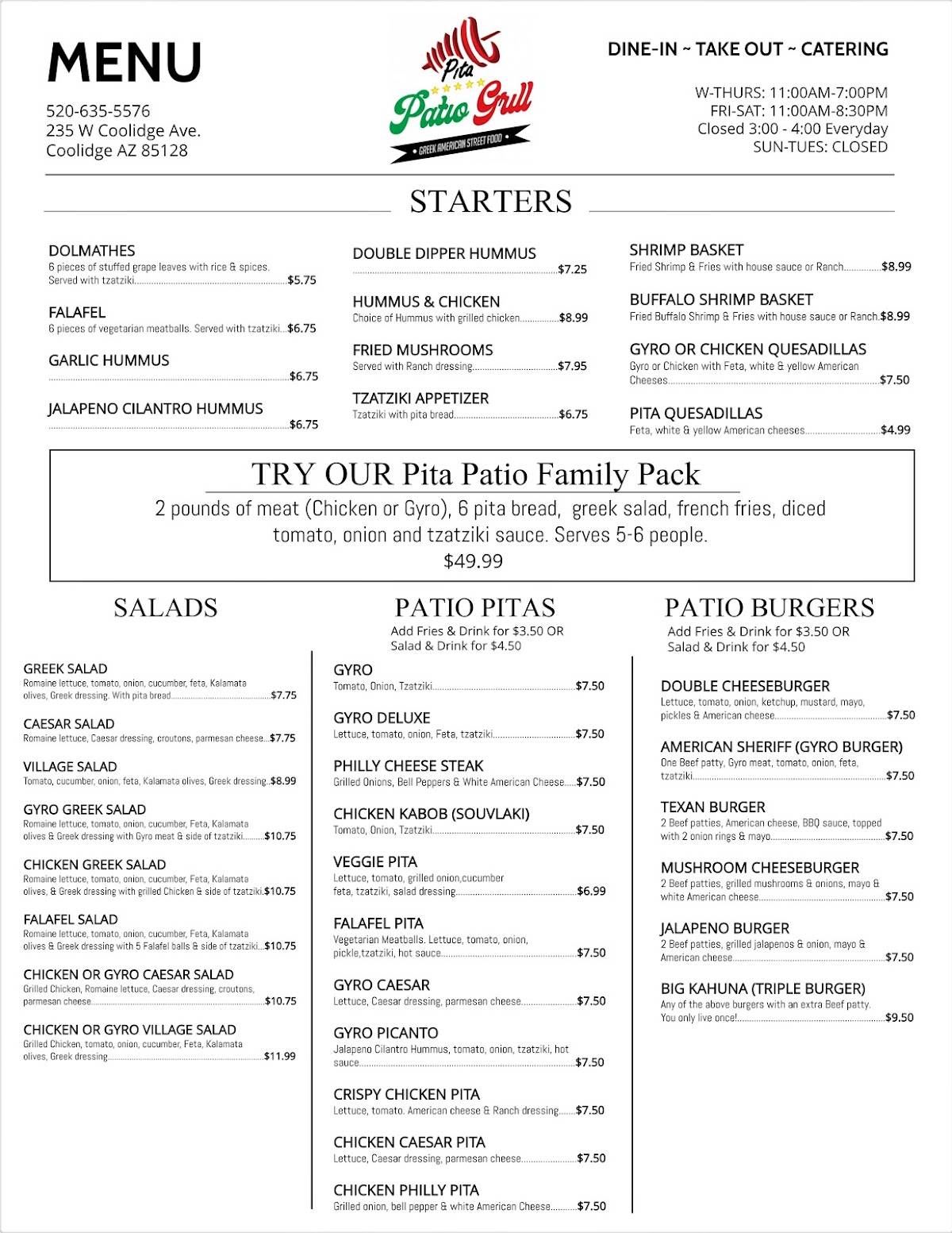 Menu at Coolidge Patio Grill (Pita Patio) restaurant, Coolidge