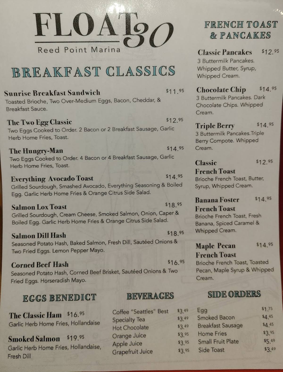 Menu at Float 30 restaurant, Port Moody