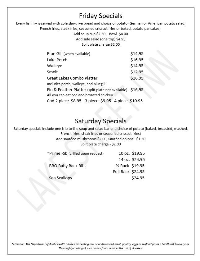 Menu at Lake Street Inn pub & bar, Hustisford