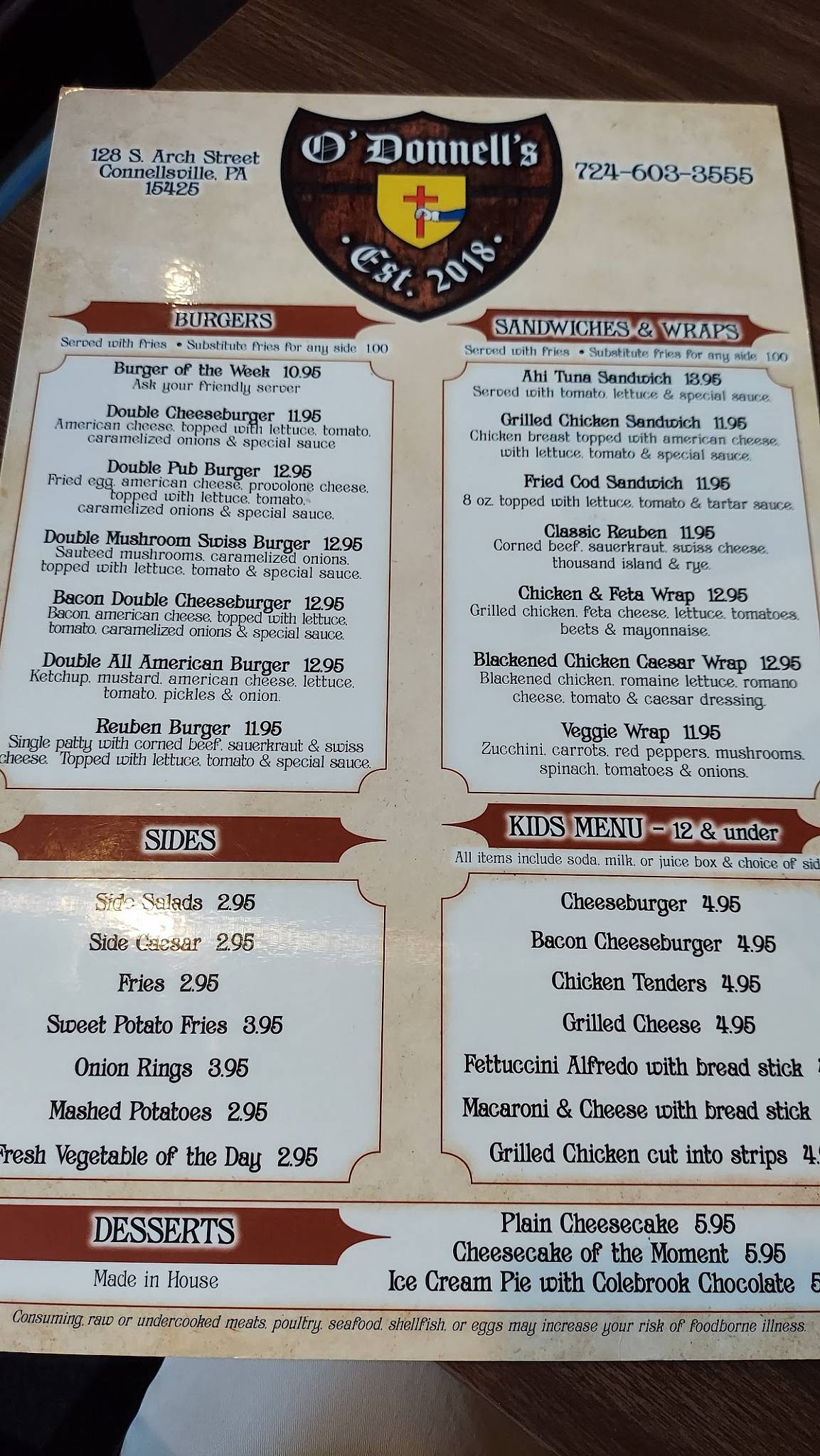Menu at O'Donnell's Pub, Connellsville
