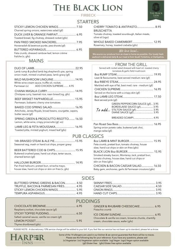 Menu At The Black Lion Inn Pub & Bar, Firbeck, 9 New Rd