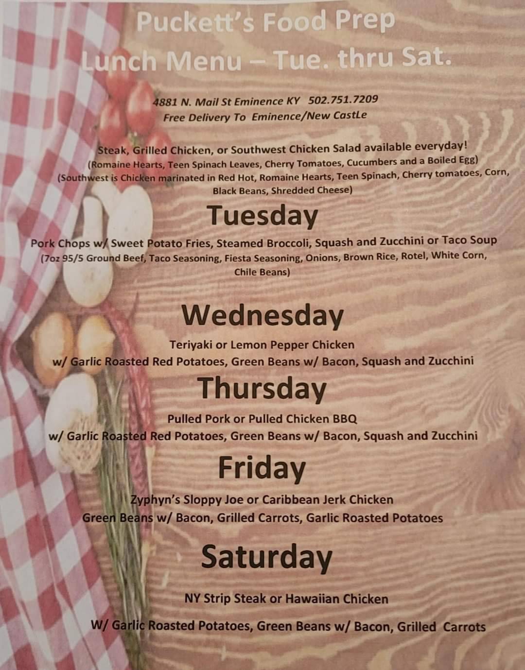 Menu at Puckett's Family Restaurant, Eminence