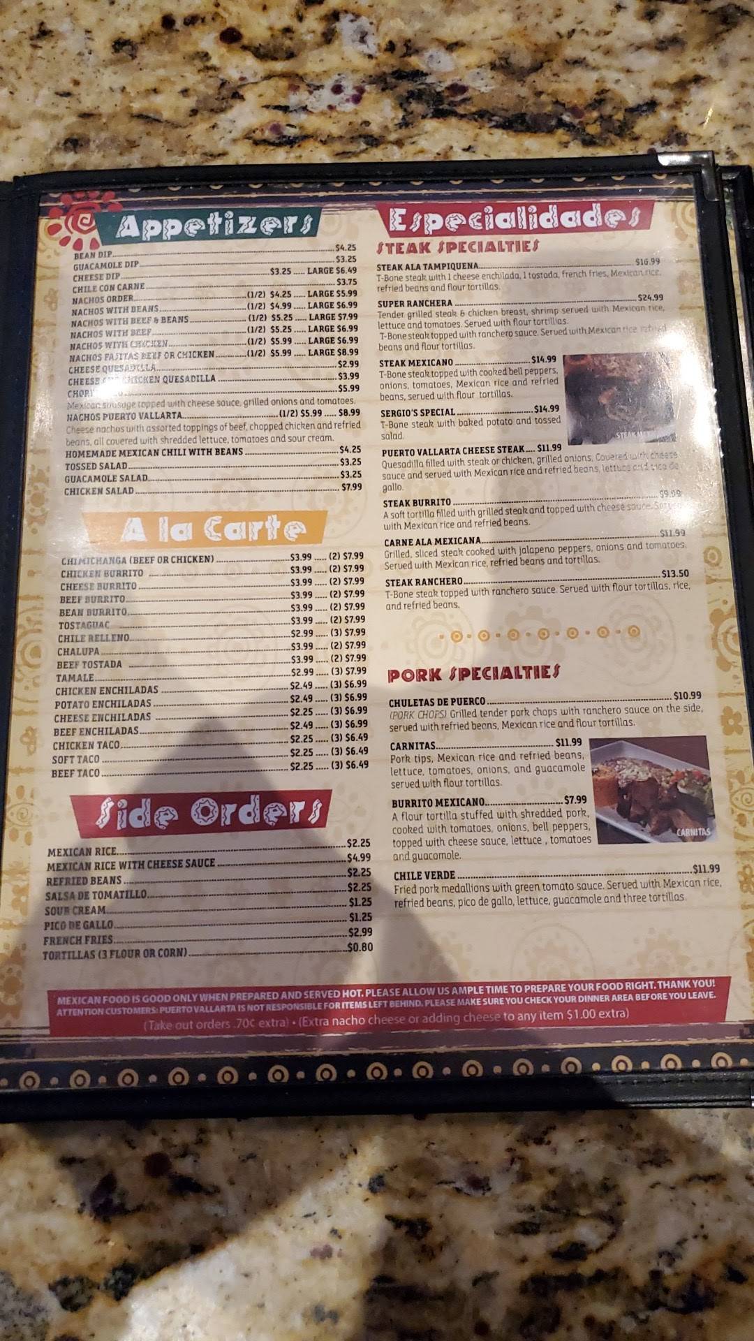 Menu at Puerto Vallarta Mexican Restaurant, Scottsburg