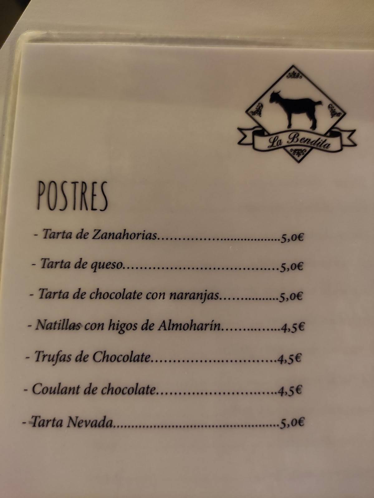 Carta de Quesería Bar La Bendita Zafra