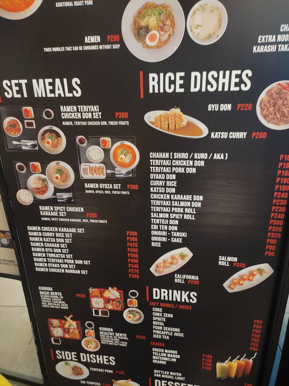 Menu at Ramen Kuroda Festival Mall restaurant, Muntinlupa