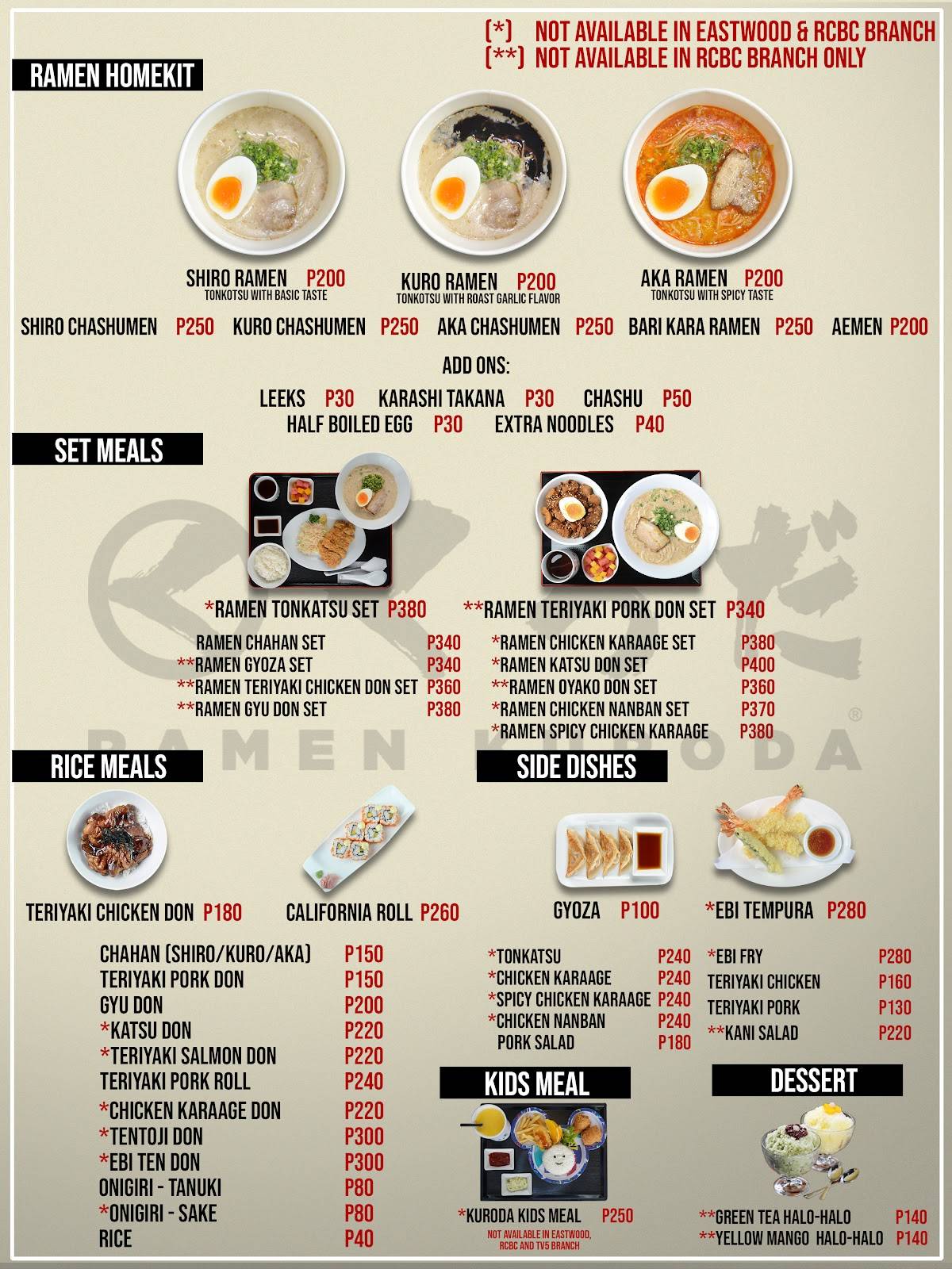 Menu at Ramen Kuroda Festival Mall restaurant, Muntinlupa