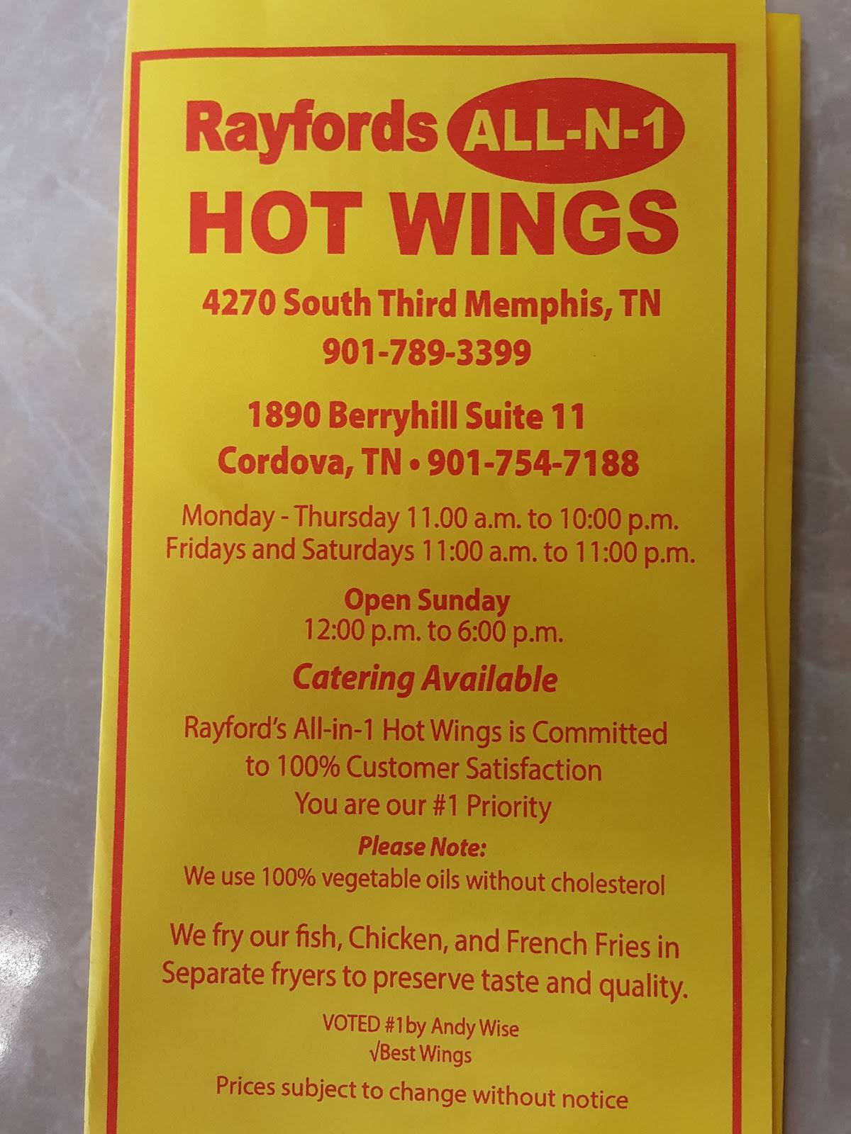 Menu at Rayford's All In One Hot Wings restaurant, Memphis, Berryhill ...