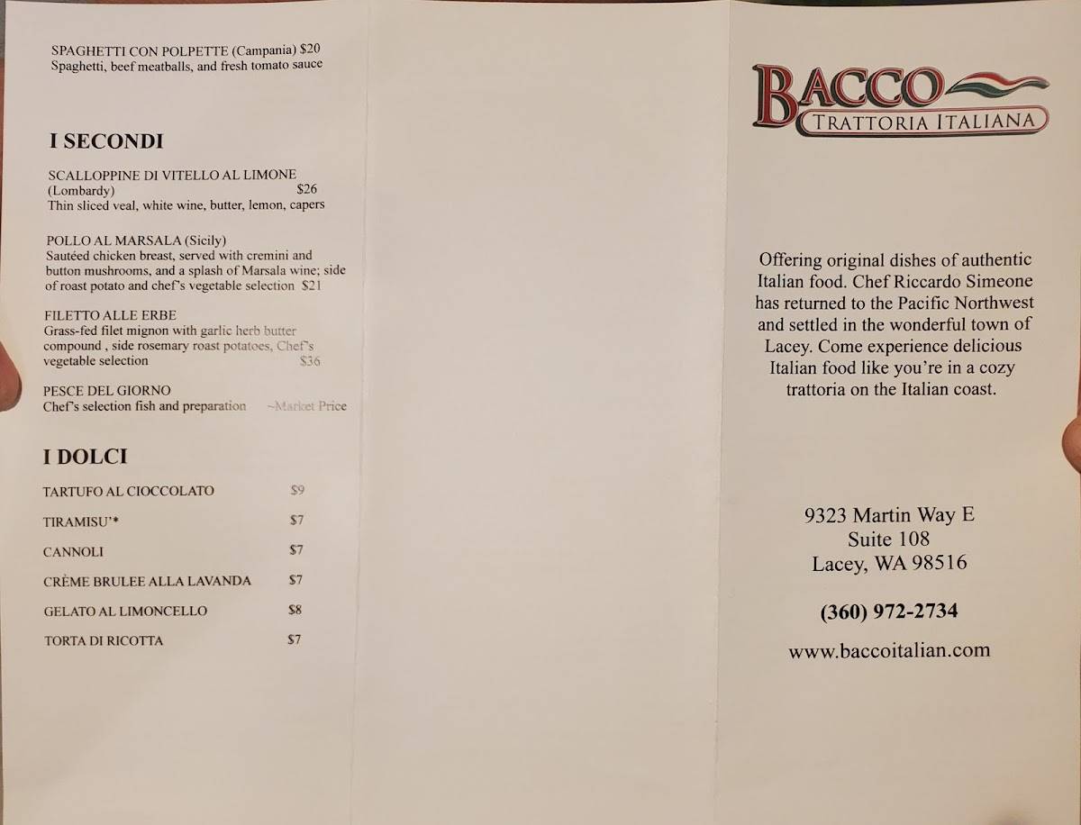 Menu at Bacco Trattoria Italiana restaurant, Lacey