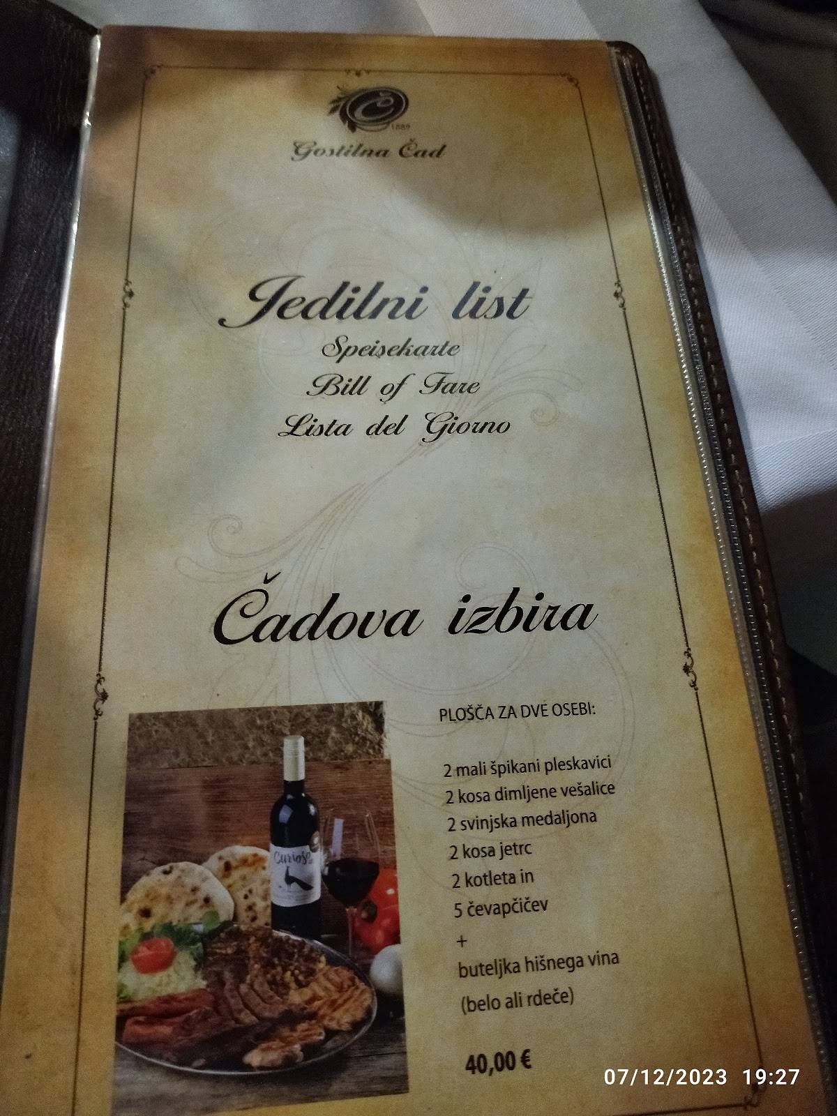 Menu at Čad restaurant, Ljubljana