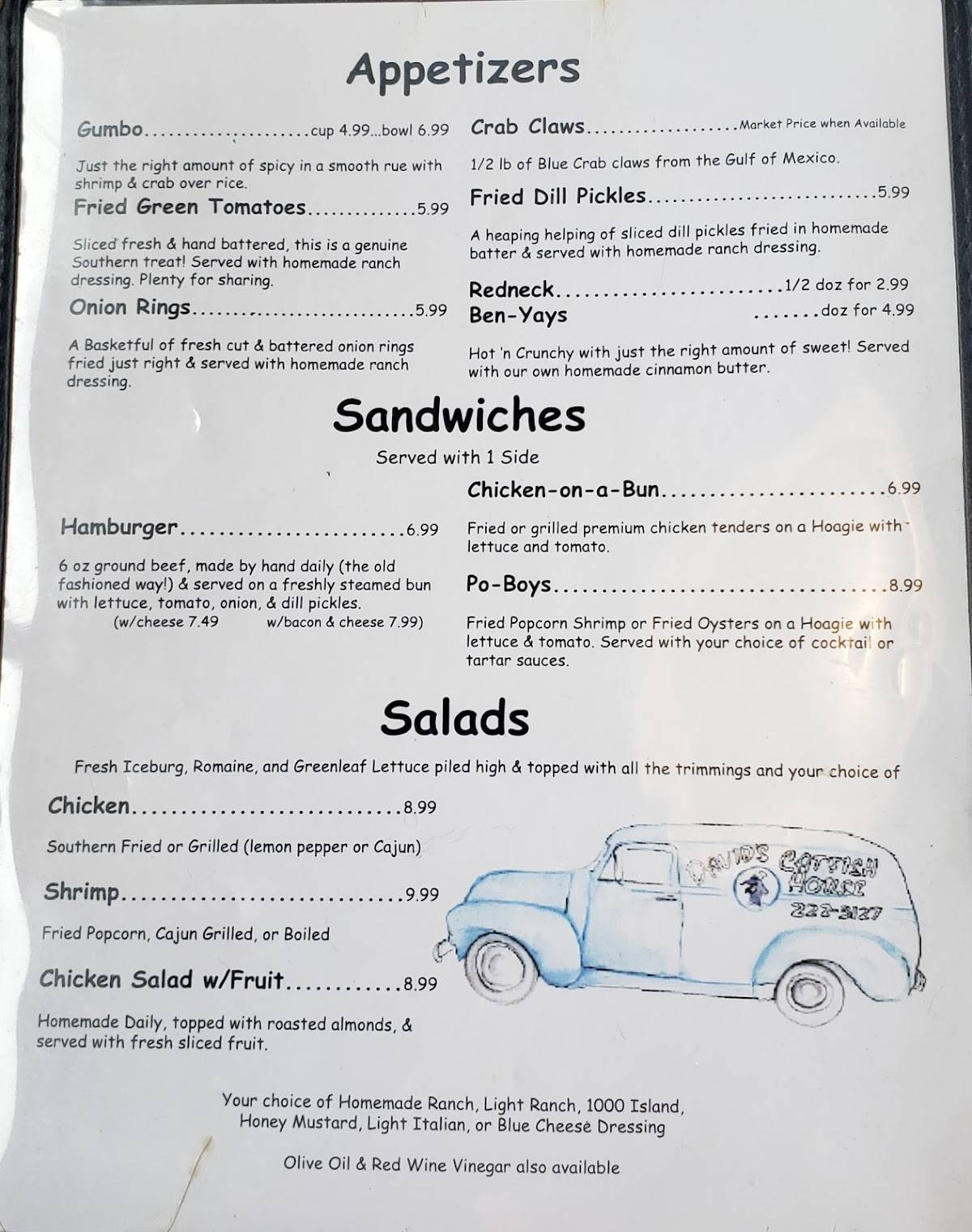 Menu at David's Catfish House Andalusia restaurant, Andalusia