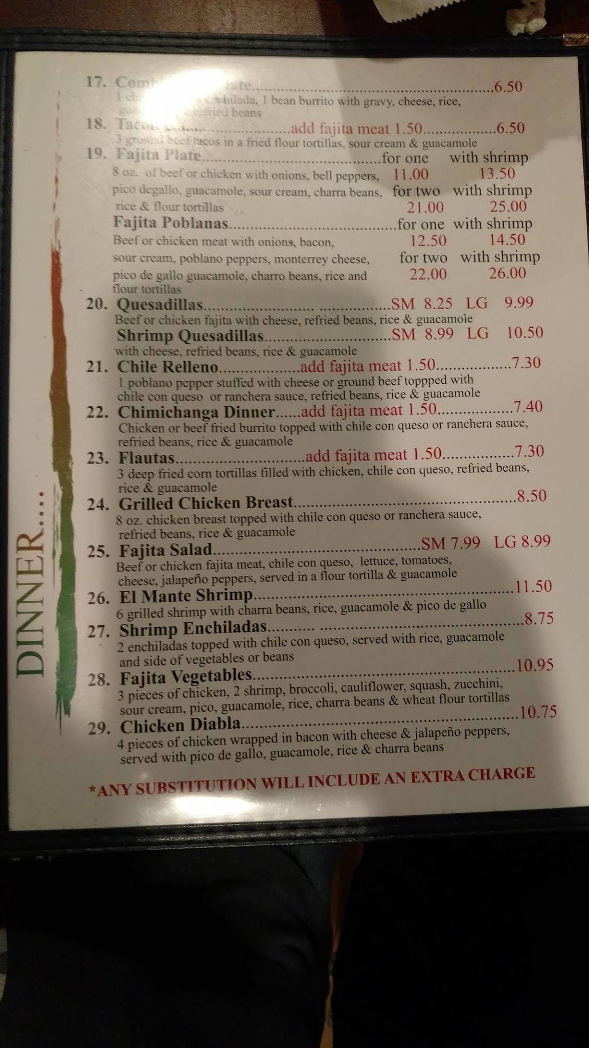 Menu at El Mante restaurant, Onalaska, U.S. Hwy 190