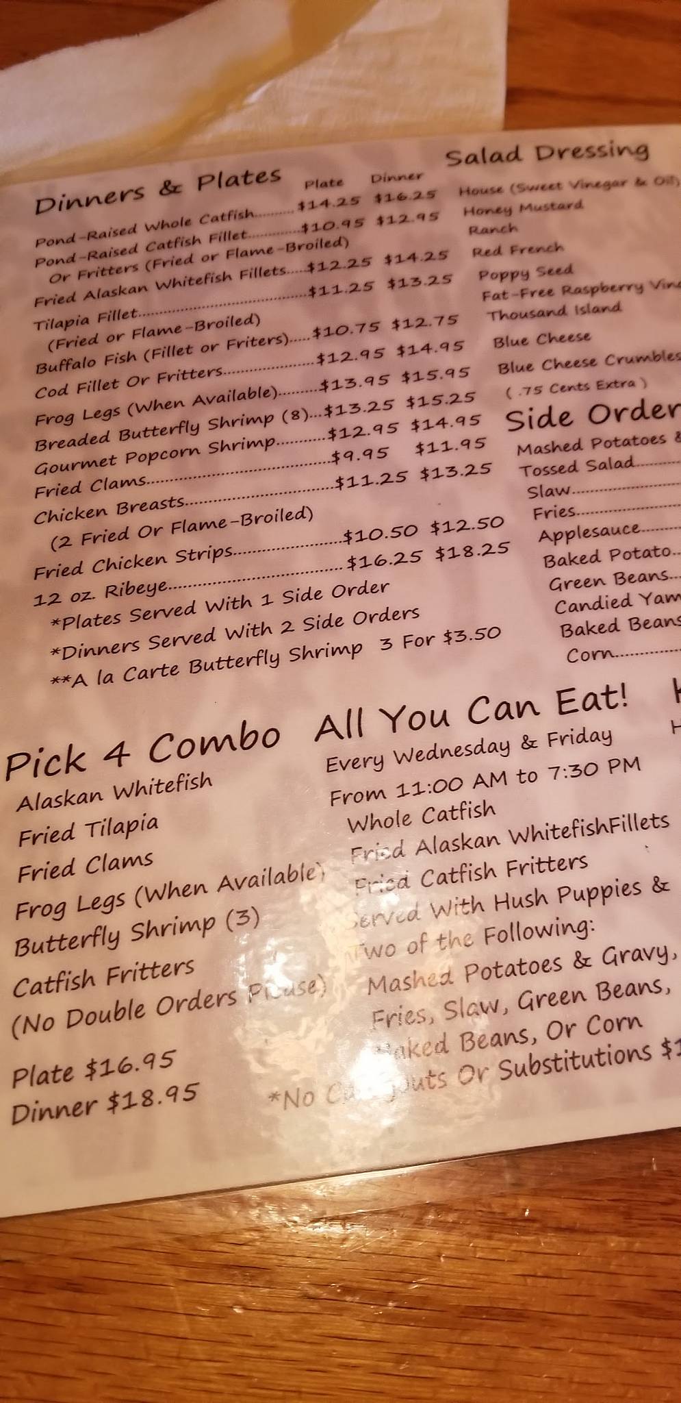 Menu at Fin Inn restaurant, Grafton