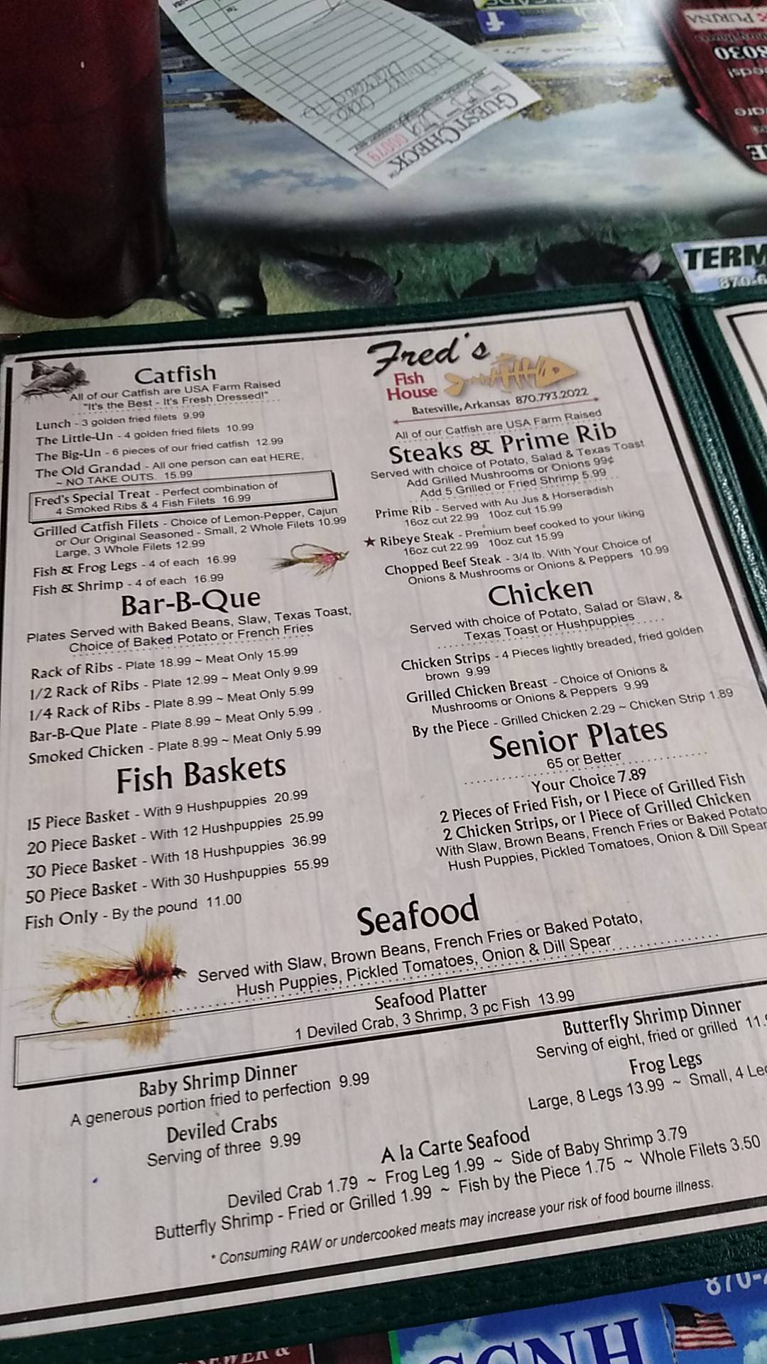 Menu at Fred's Fish House restaurant, Batesville