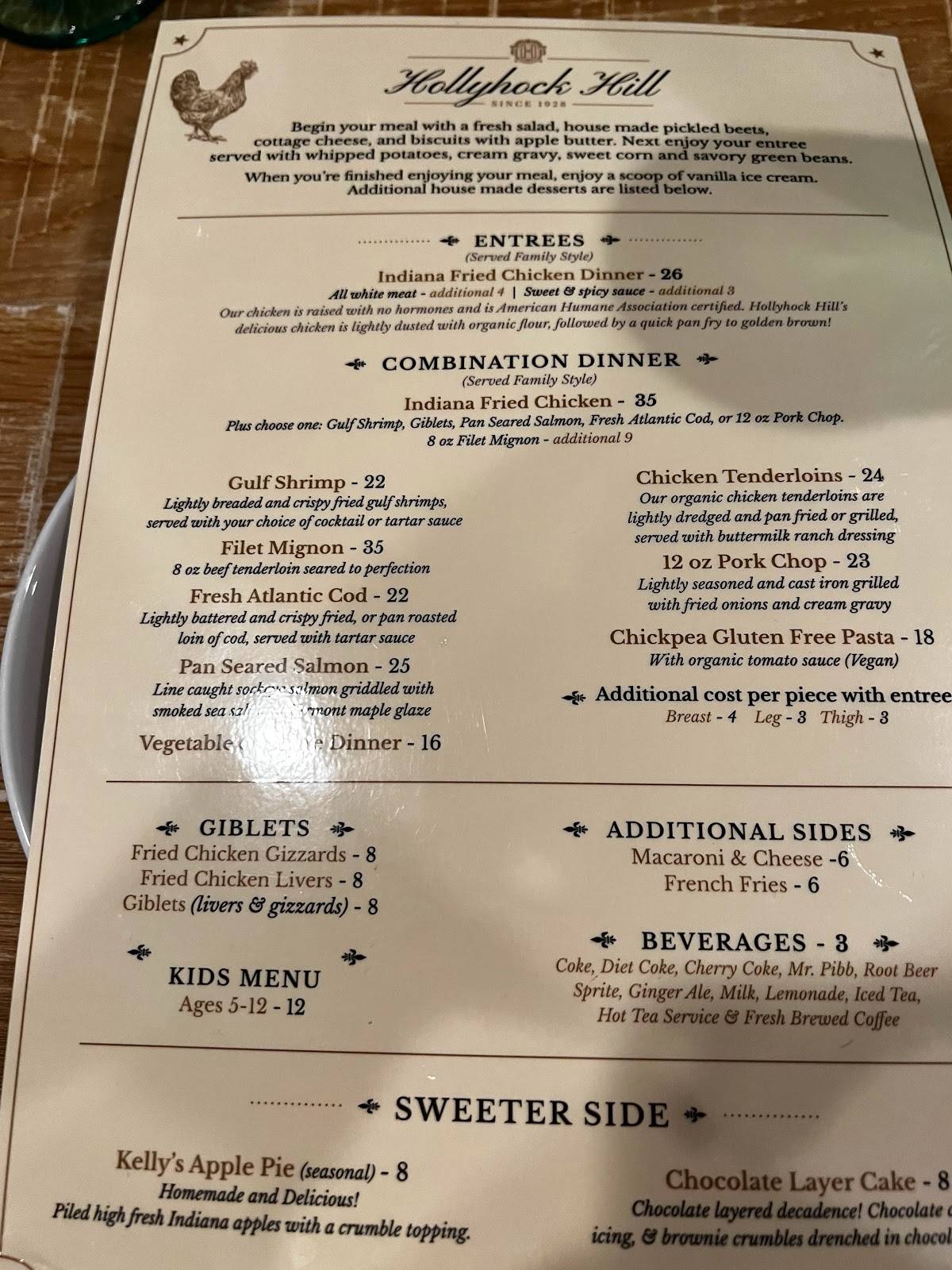 Menu At Hollyhock Hill Restaurant, Indianapolis