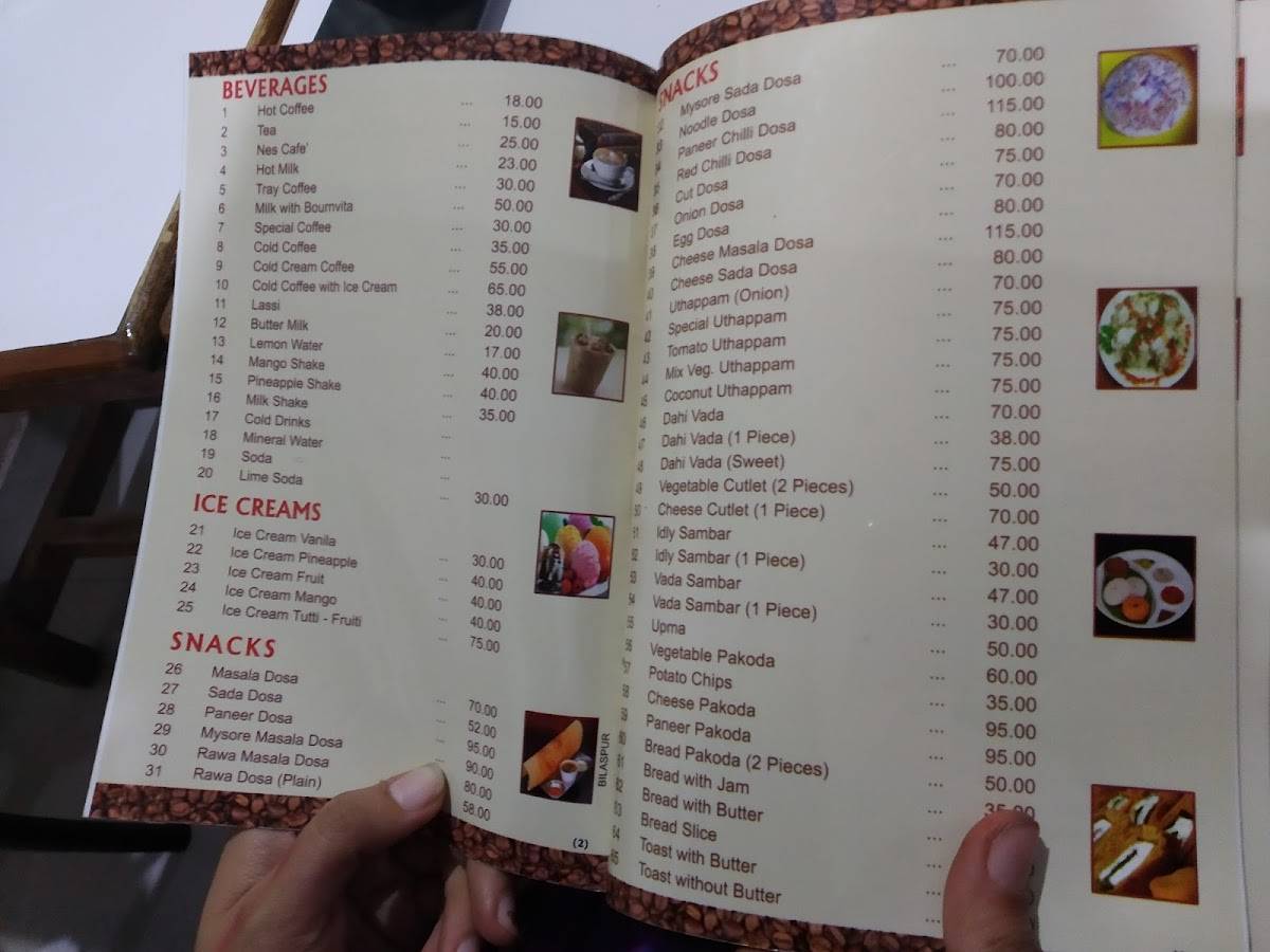 Menu at Indian Coffee House, Bilaspur, Telephone Exchange Or Old Shiva