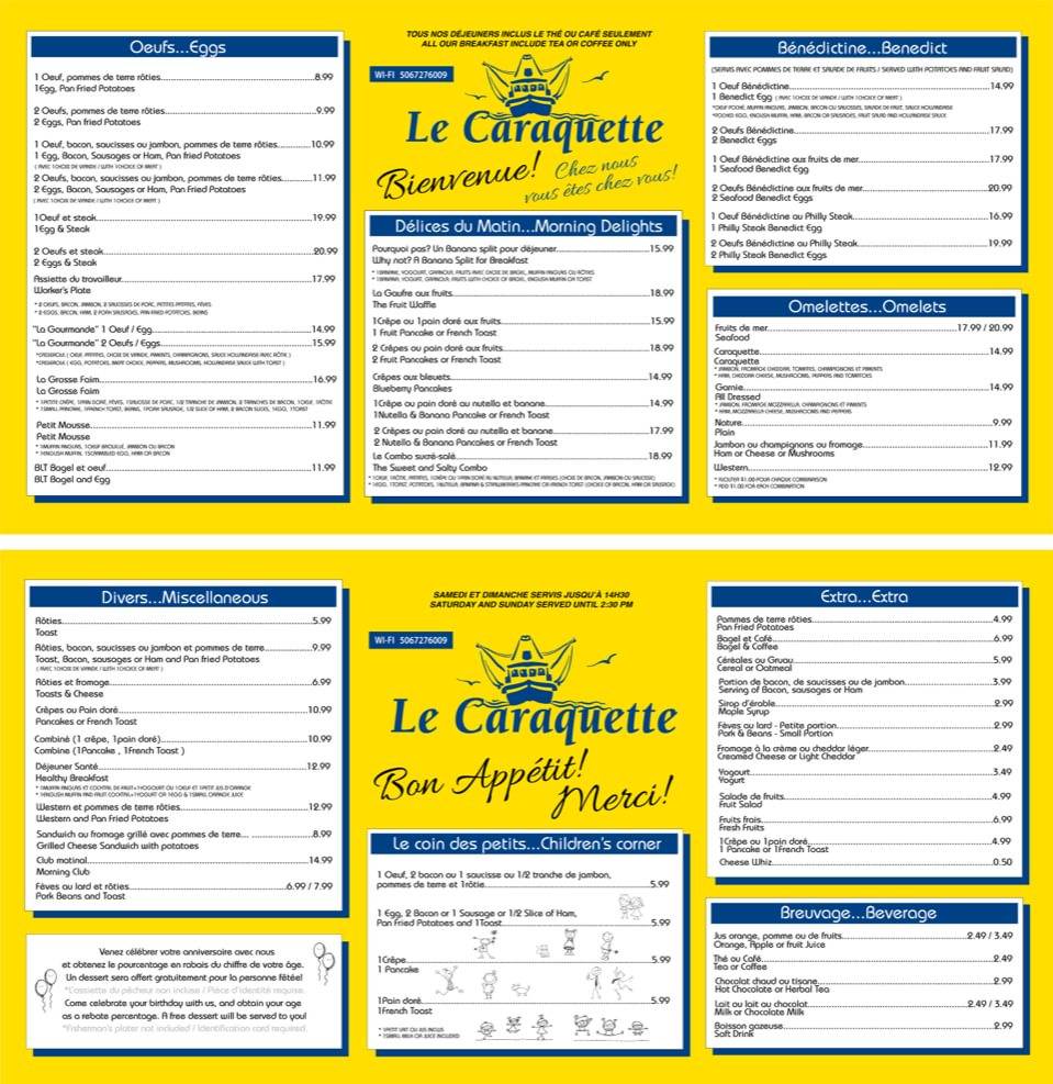 Menu au Restaurant Le Caraquette, Caraquet