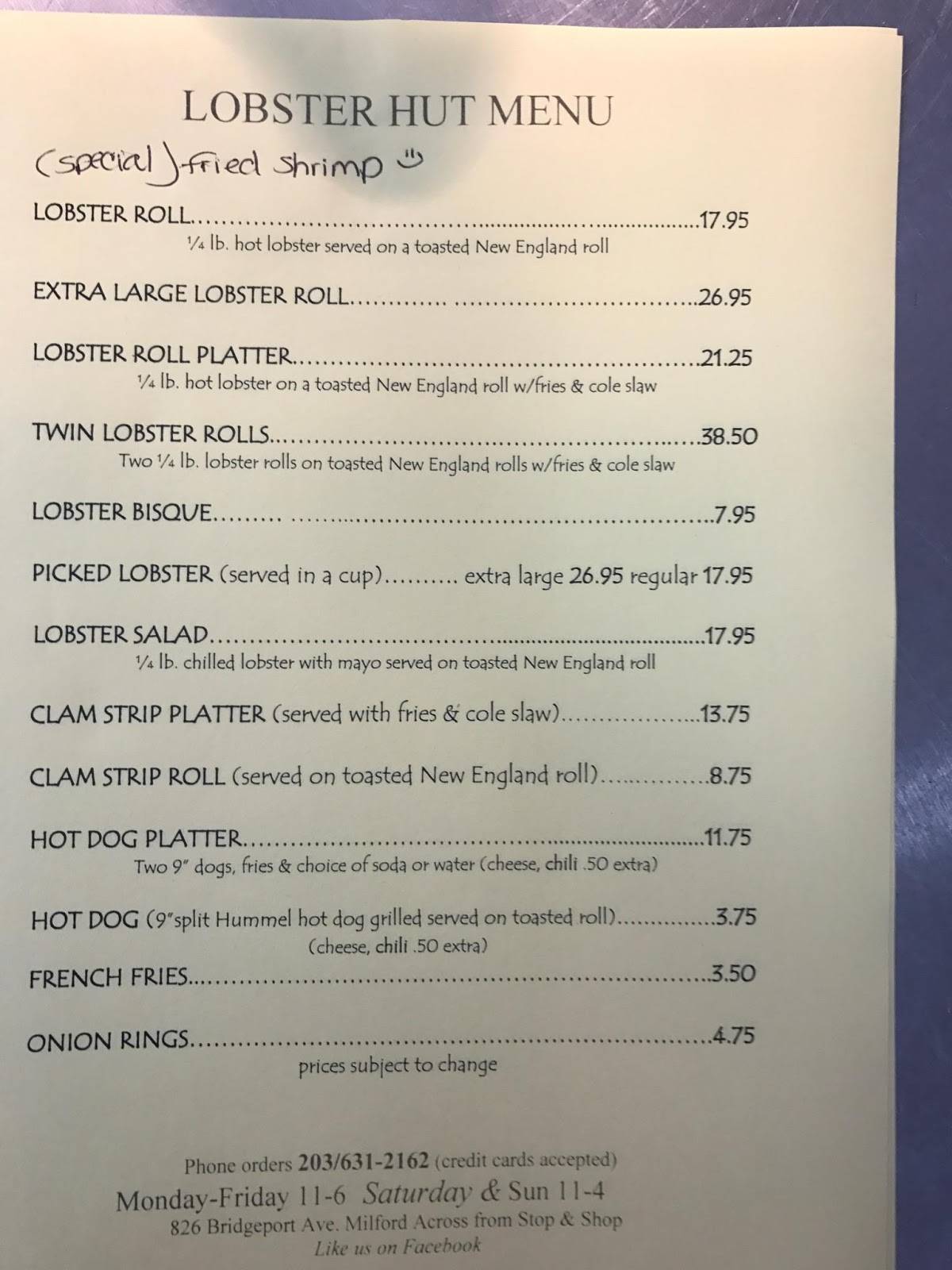 Menu at Lobster Hut restaurant, Milford