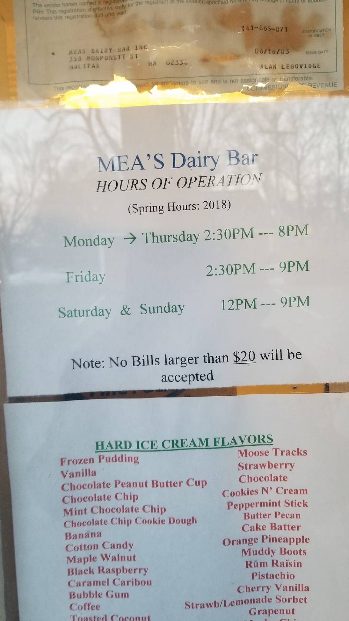 Menu at M E A's Dairy Bar, Halifax