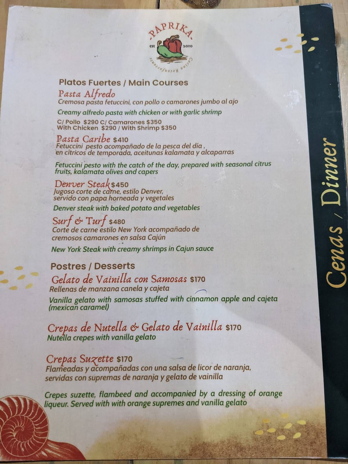 Menu at Paprika Mexican & Caribbean kitchen restaurant, San Miguel de