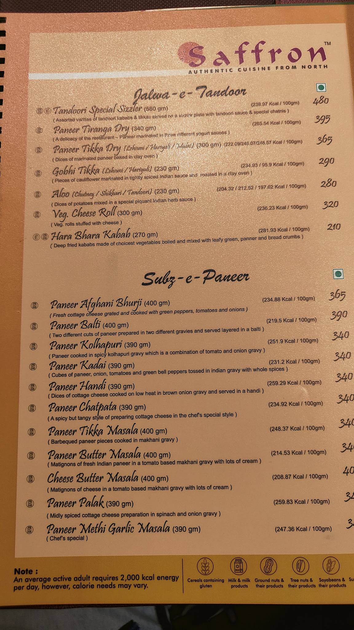 Menu at Saffron Restaurant, Hyderabad