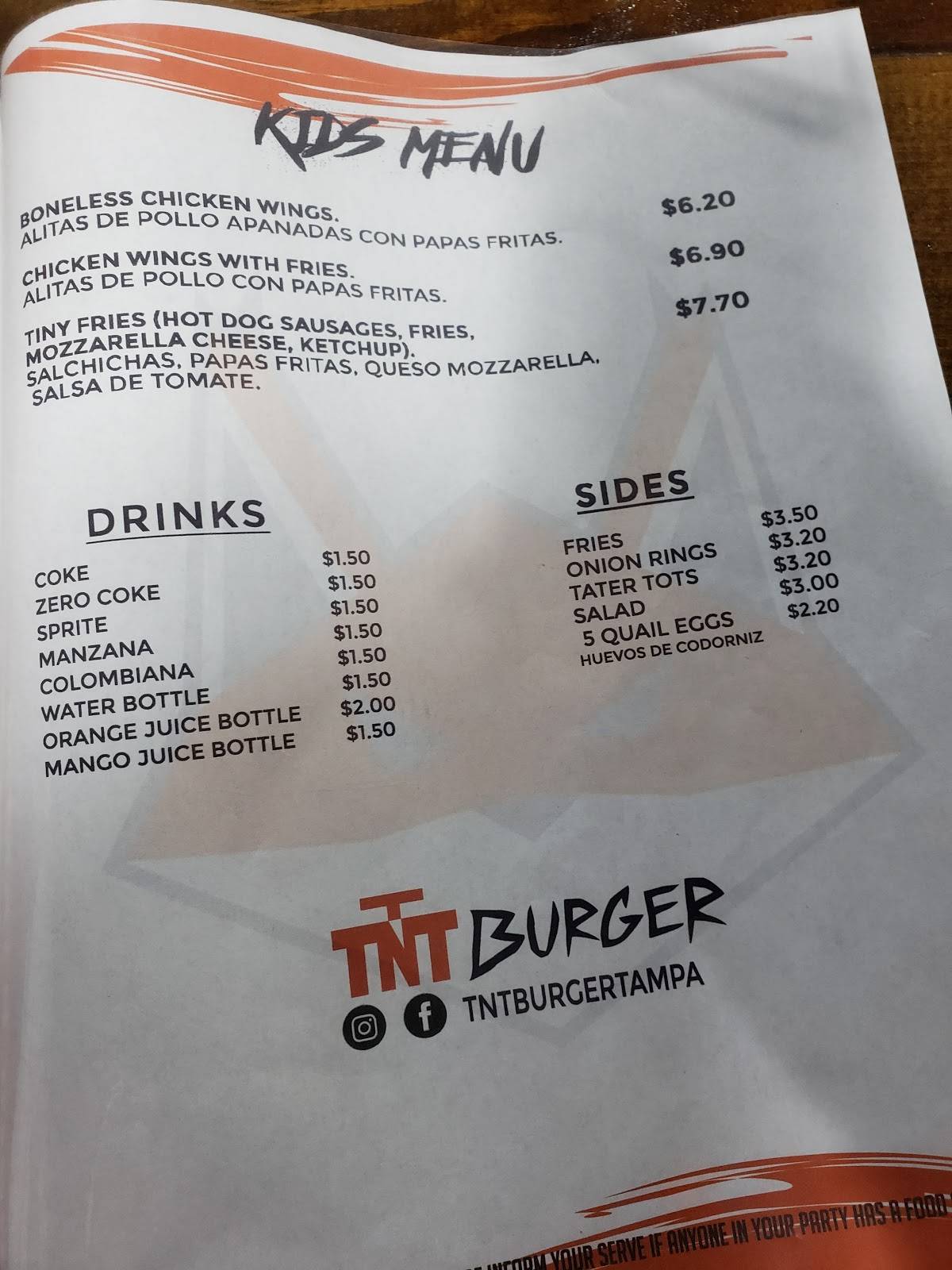 Menu at TNT BURGER restaurant, Tampa