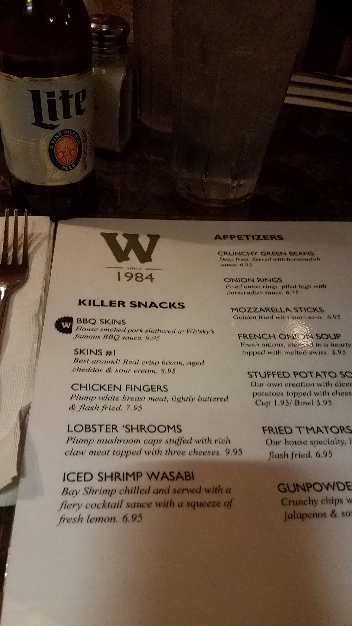 Menu at Whisky's restaurant, Lawrenceburg