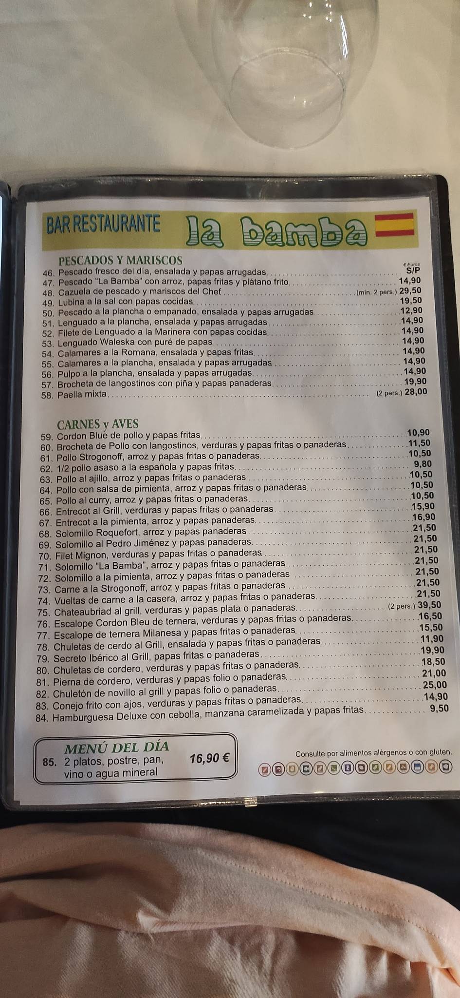 Carta de Restaurante La Bamba, Tías