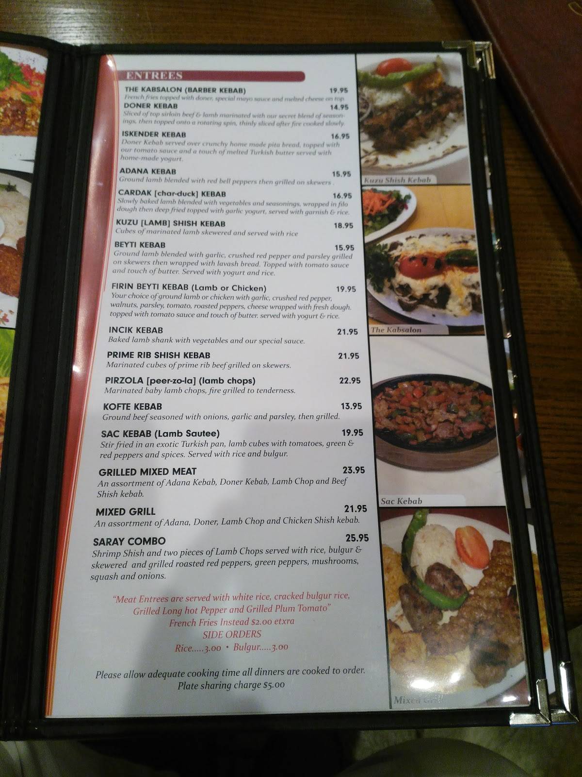 Menu at Saray II Turkish Restaurant, Springfield